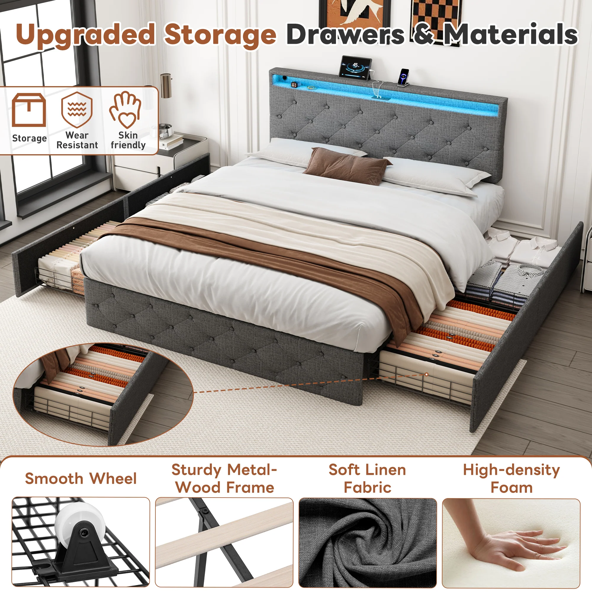4ft6 Double Upholstered Bed with 4 Storage Drawers, LED Charging Station, Linen Grey - Image 5