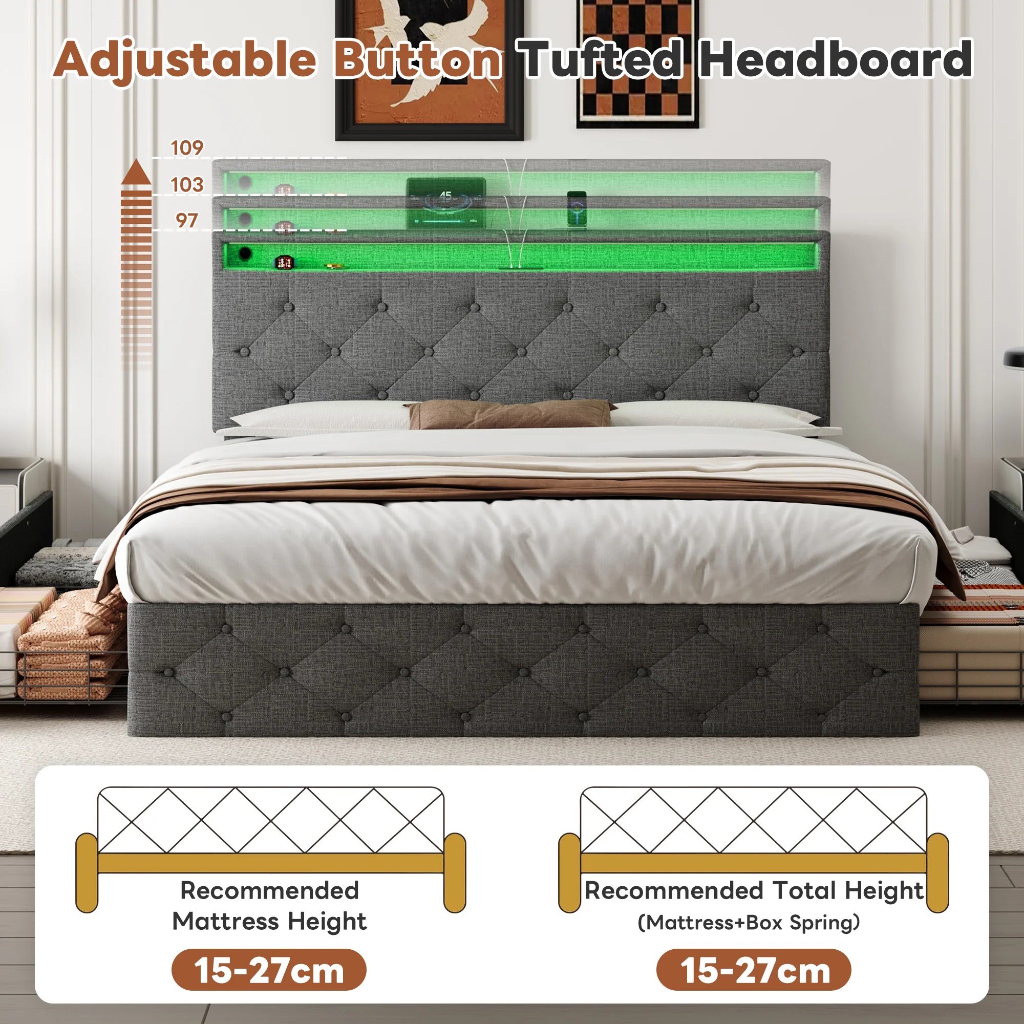 4ft6 Double Upholstered Bed with 4 Storage Drawers, LED Charging Station, Linen Grey - Image 7