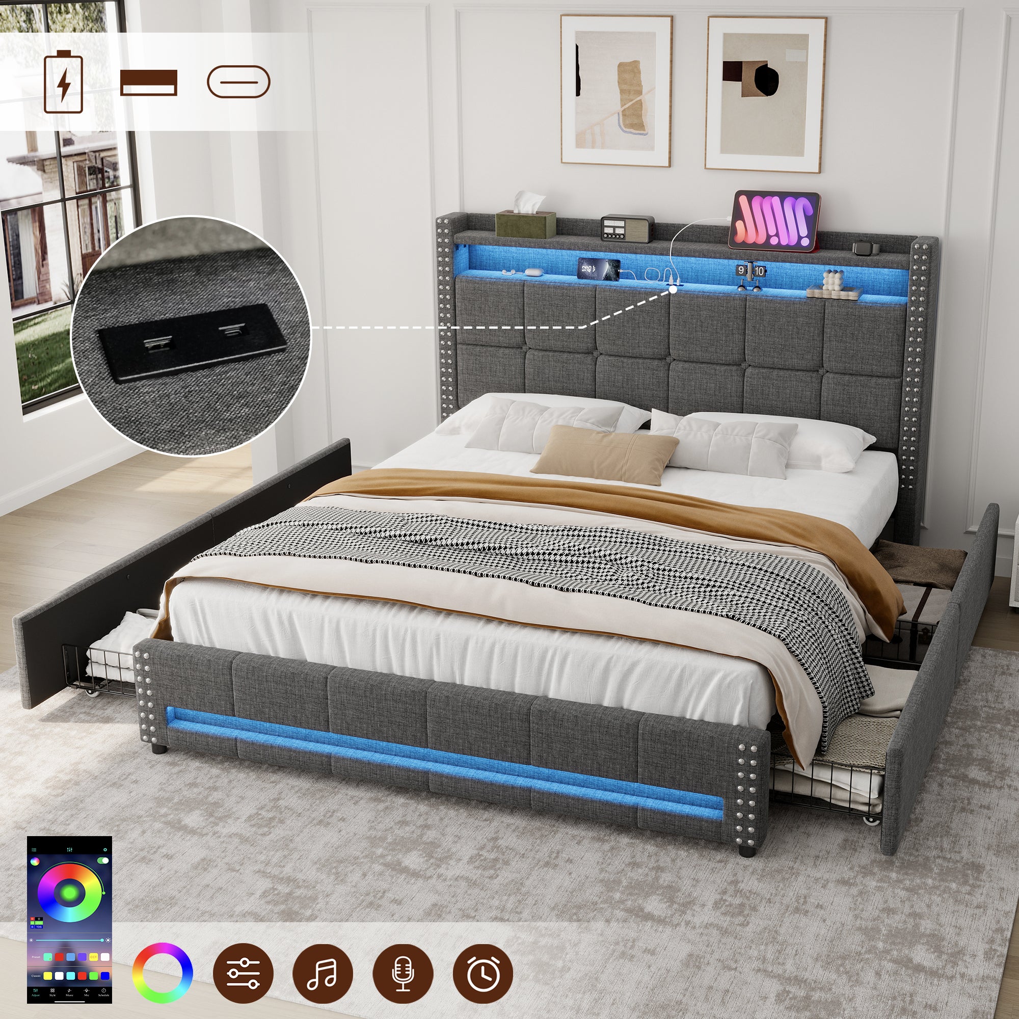 4ft6 Double Upholstered Bed with 4 Storage Drawers, LED Charging Station, Linen Grey - Image 9
