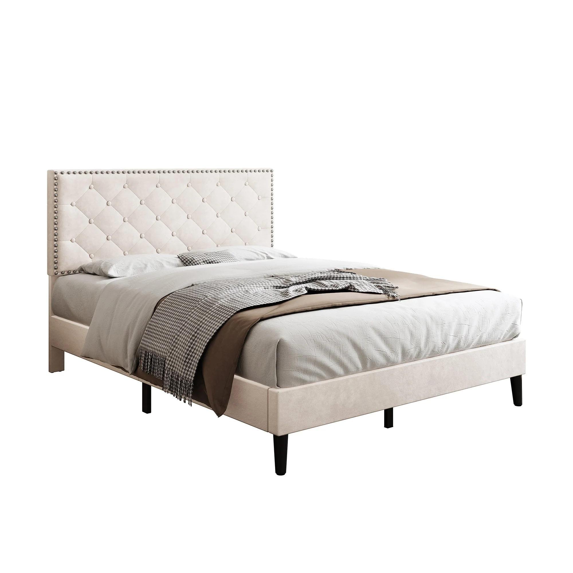 4ft6 Double Upholstered Velvet Bed Frame, Adjustable Button-Tufted & Riveted Headboard, Beige Velvet - Image 7