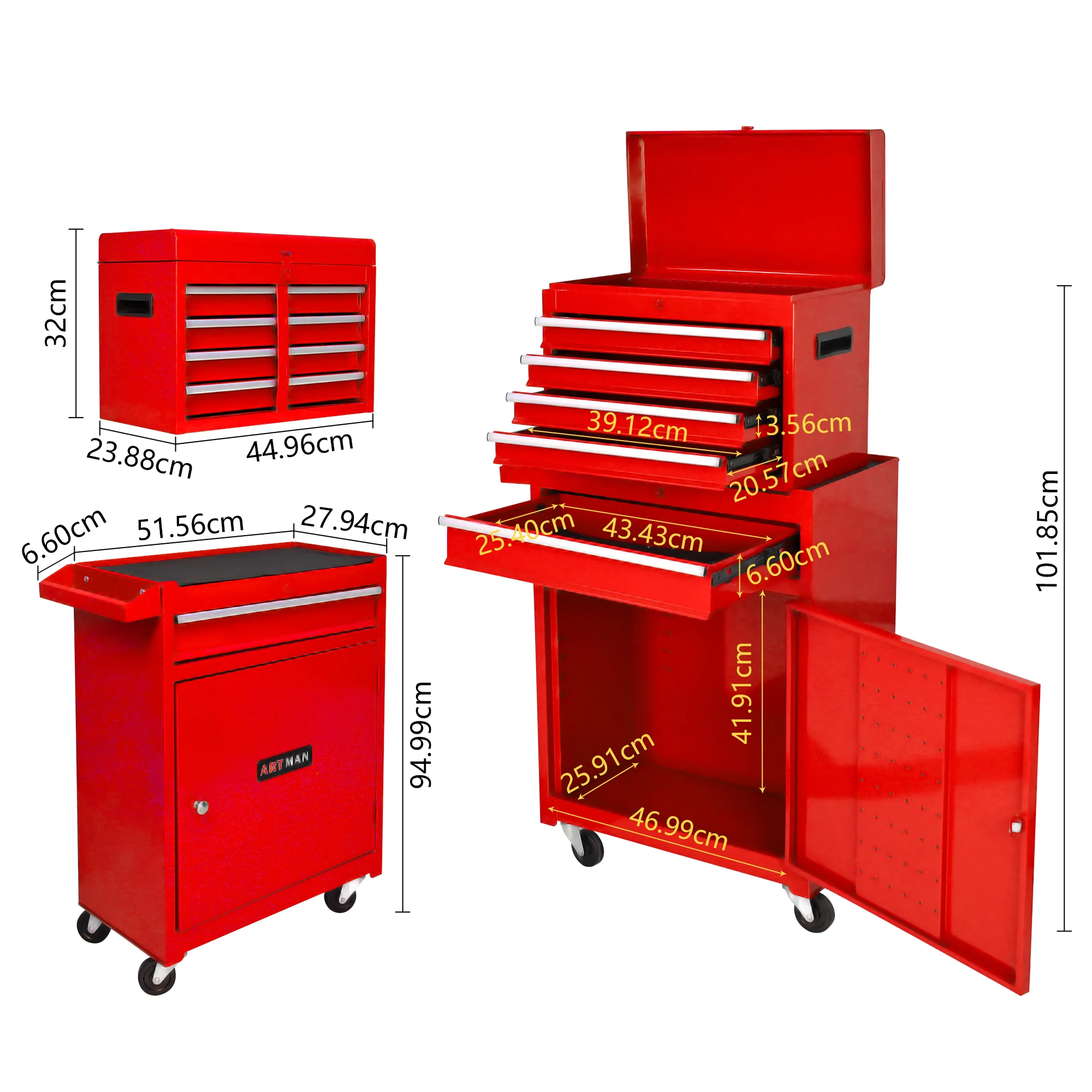 5-Drawer Tool Box Rolling Removable Top Adjustable Shelves Garage Red - Image 4