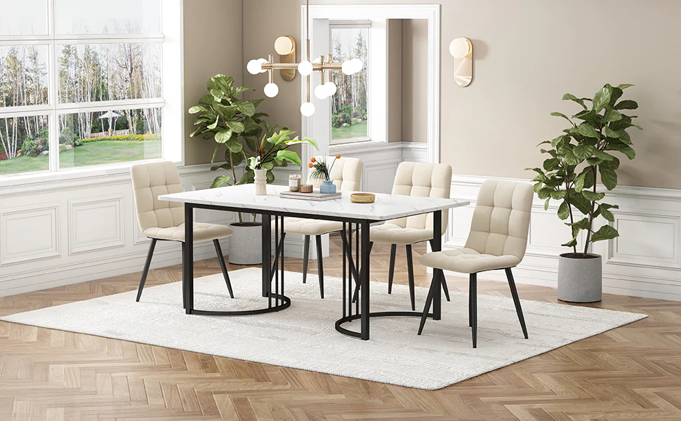 5-Piece Dining Set 140x80cm Modern Kitchen Table 4 Chairs White MDF Beige Velvet - Image 2