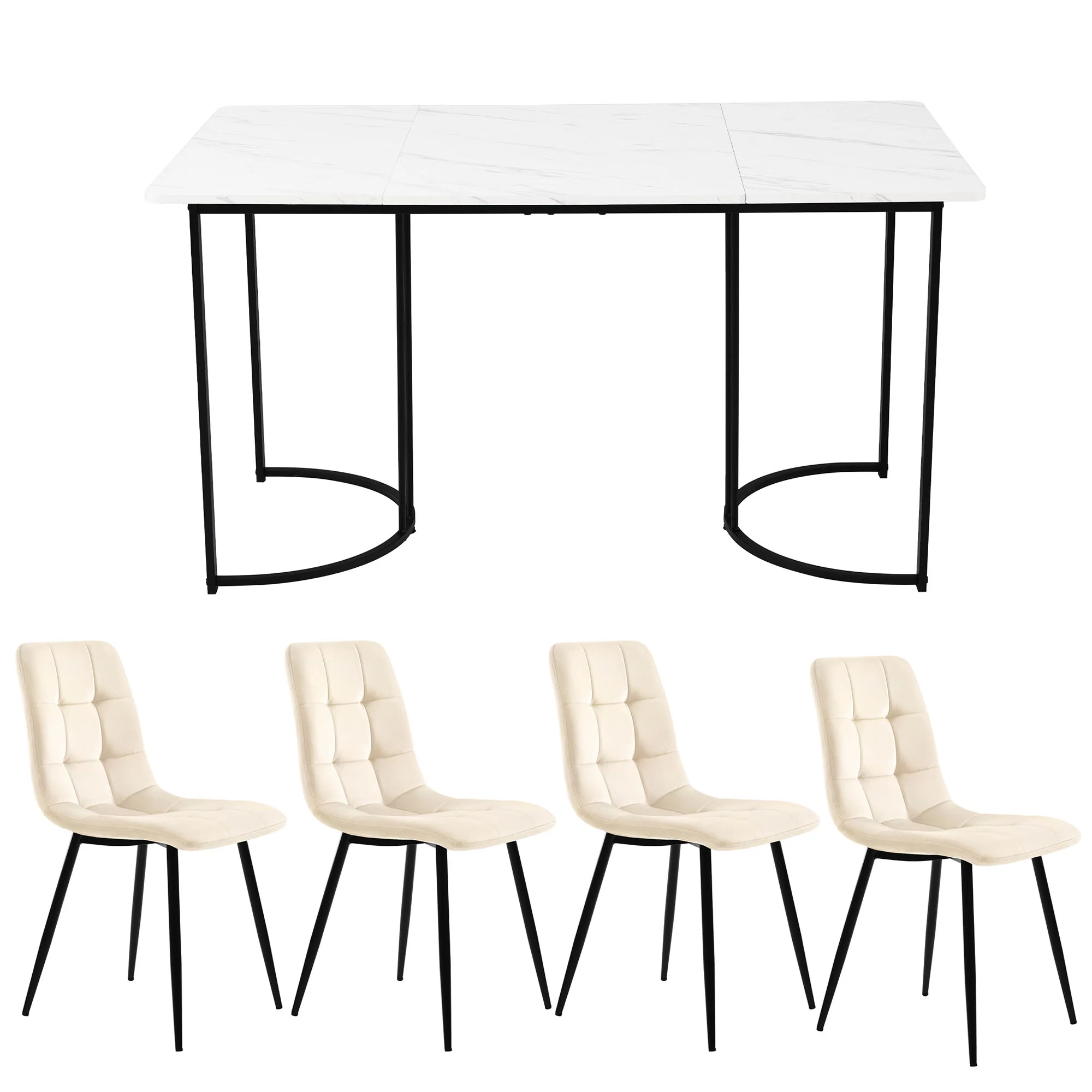 5-Piece Dining Set 140x80cm Modern Kitchen Table 4 Chairs White MDF Beige Velvet - Image 5