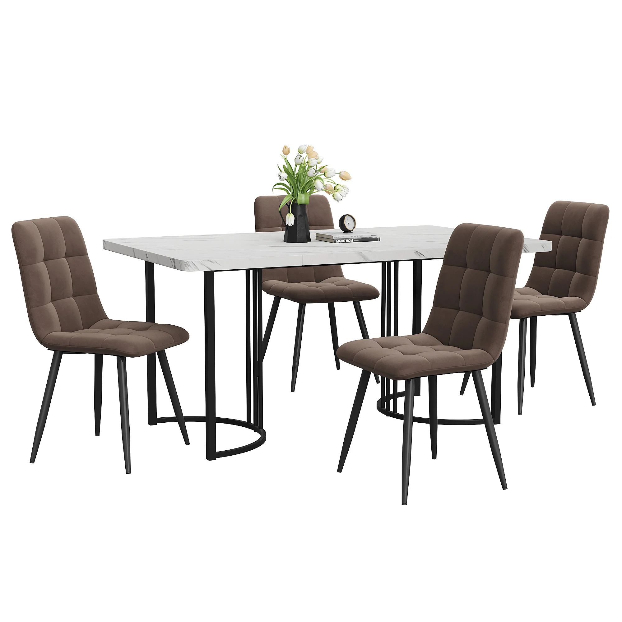 5-Piece Dining Set 140x80cm Modern Kitchen Table 4 Chairs White MDF/Brown Velvet - Image 3