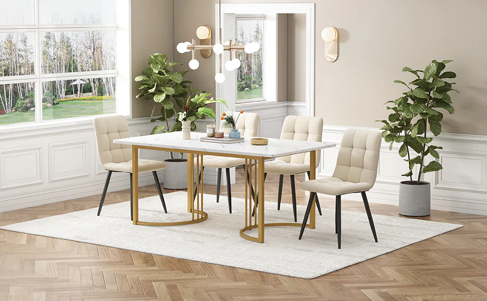 5-Piece Dining Set 140x80cm Modern Kitchen Table White MDF Beige Velvet - Image 2