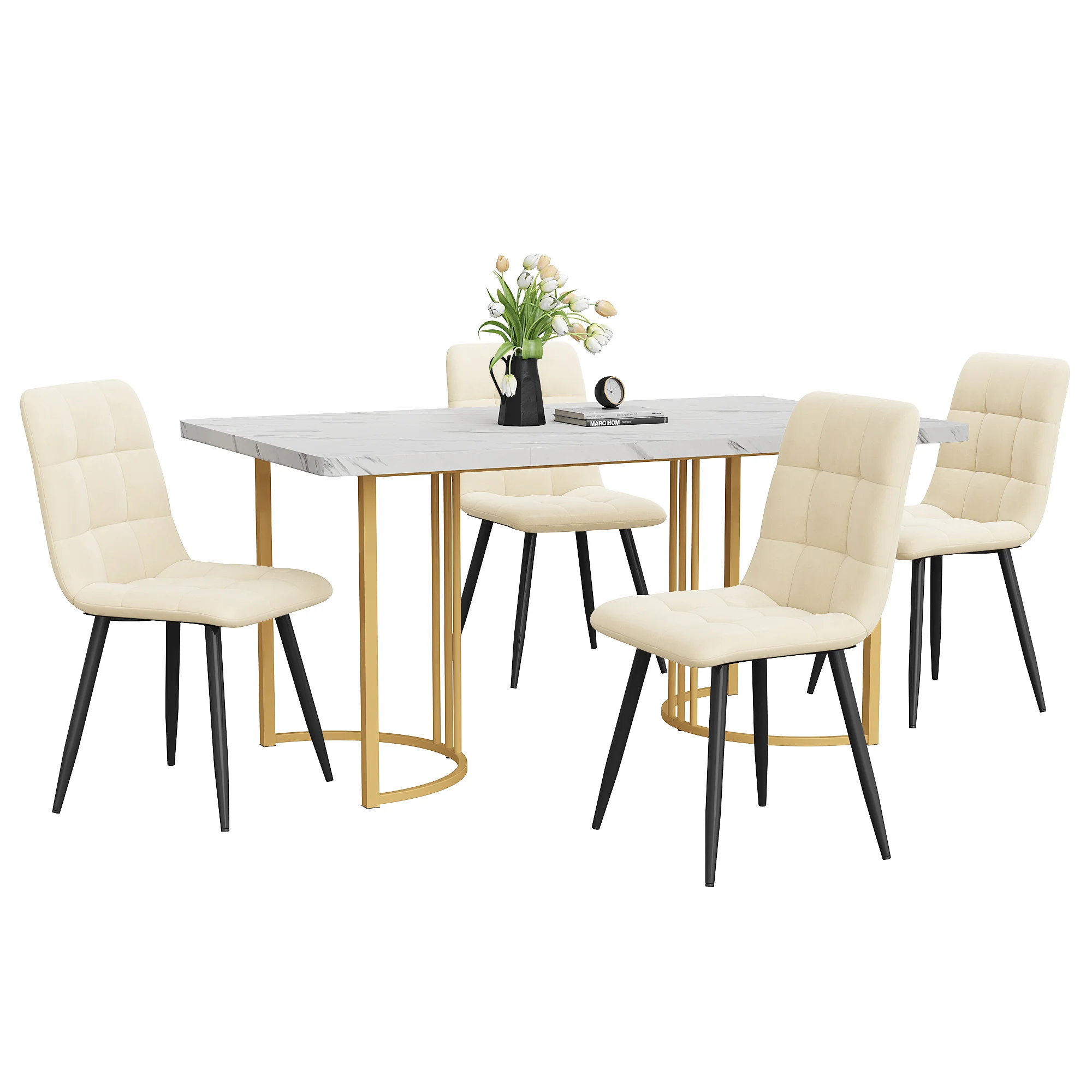 5-Piece Dining Set 140x80cm Modern Kitchen Table White MDF Beige Velvet - Image 3