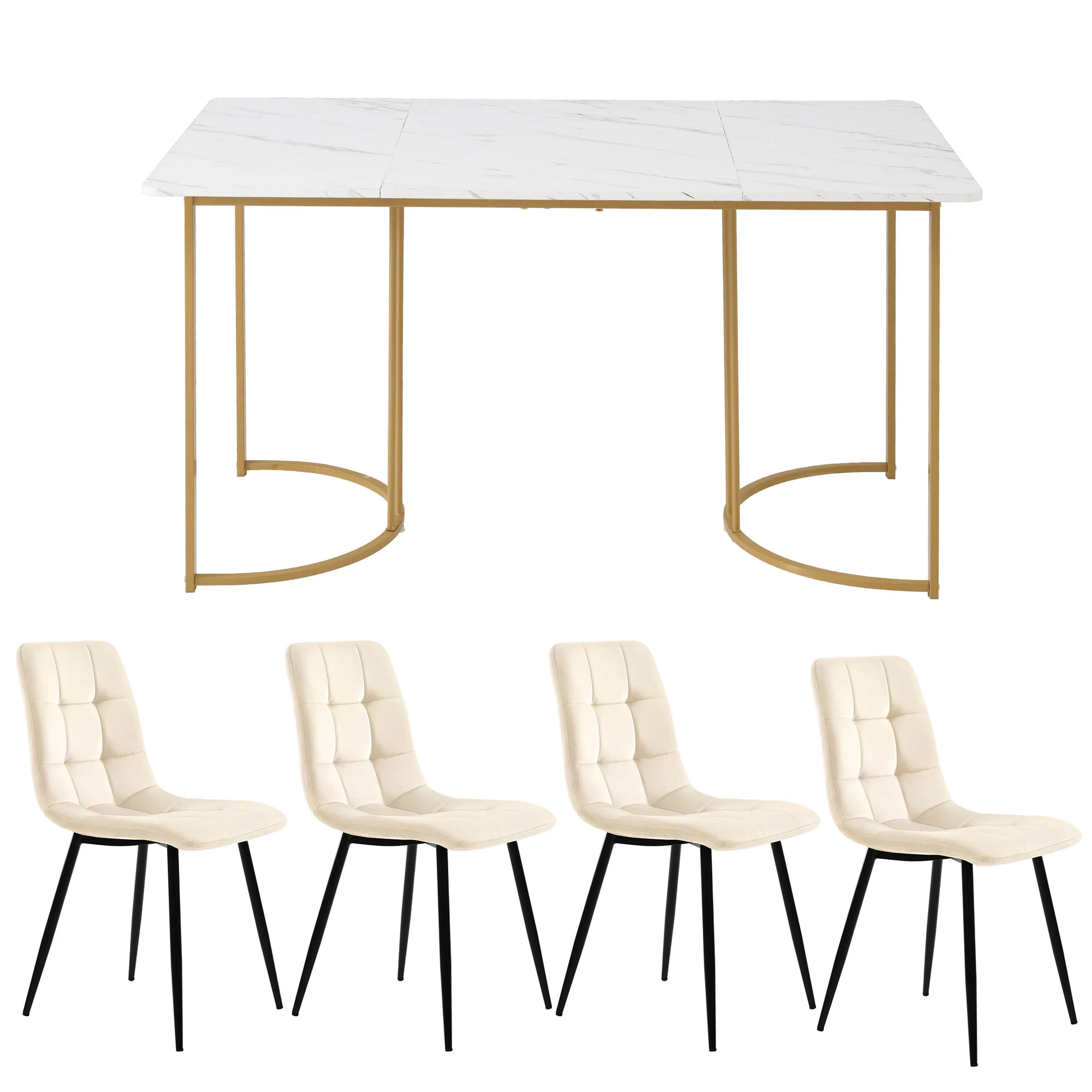 5-Piece Dining Set 140x80cm Modern Kitchen Table White MDF Beige Velvet - Image 5