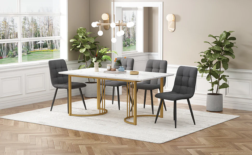 5-Piece Dining Set 140x80cm Table 4 Chairs Gold Metal Legs White MDF Dark Grey Linen - Image 2