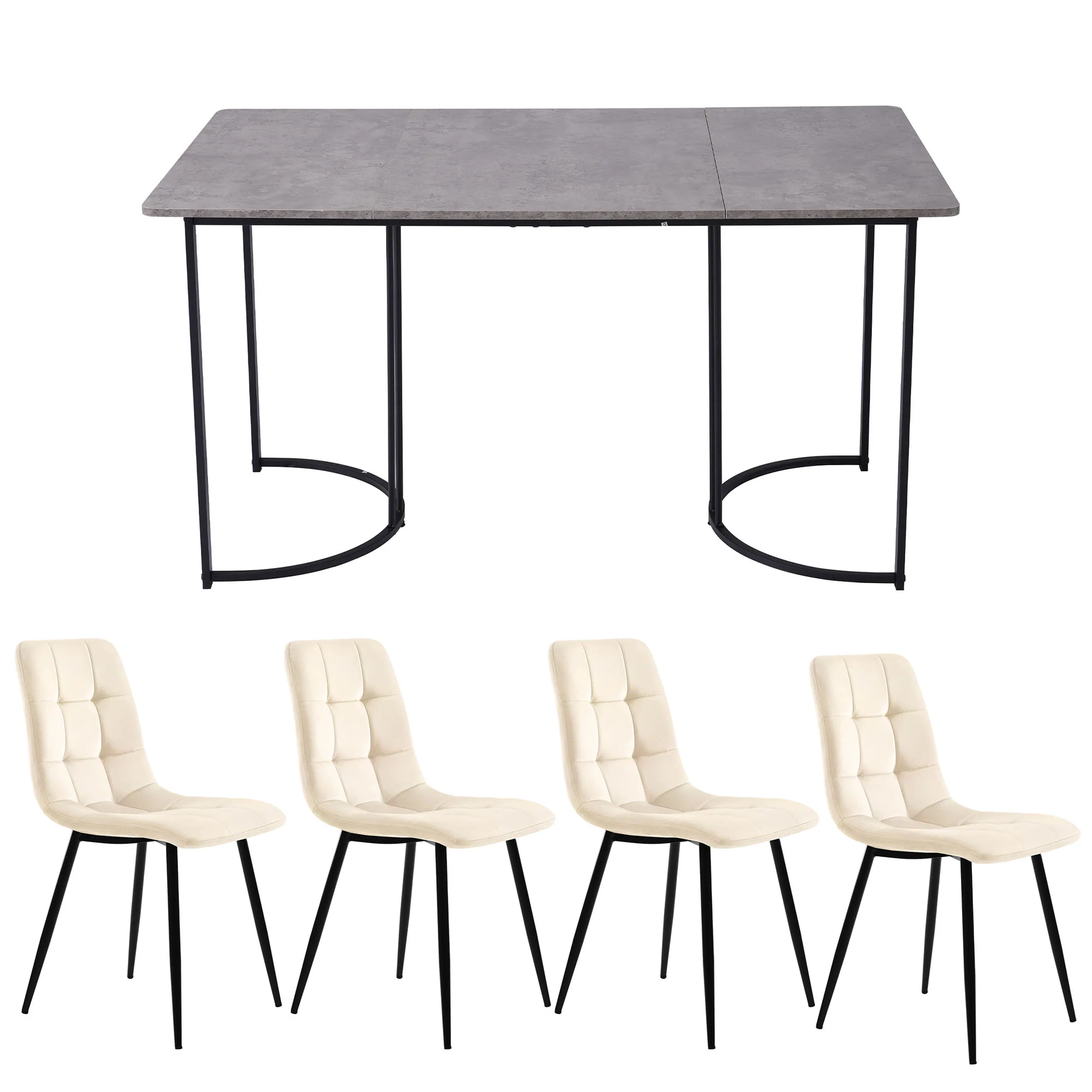 5-Piece Dining Set 140x80cm Table 4 Chairs Grey MDF Beige Velvet - Image 5