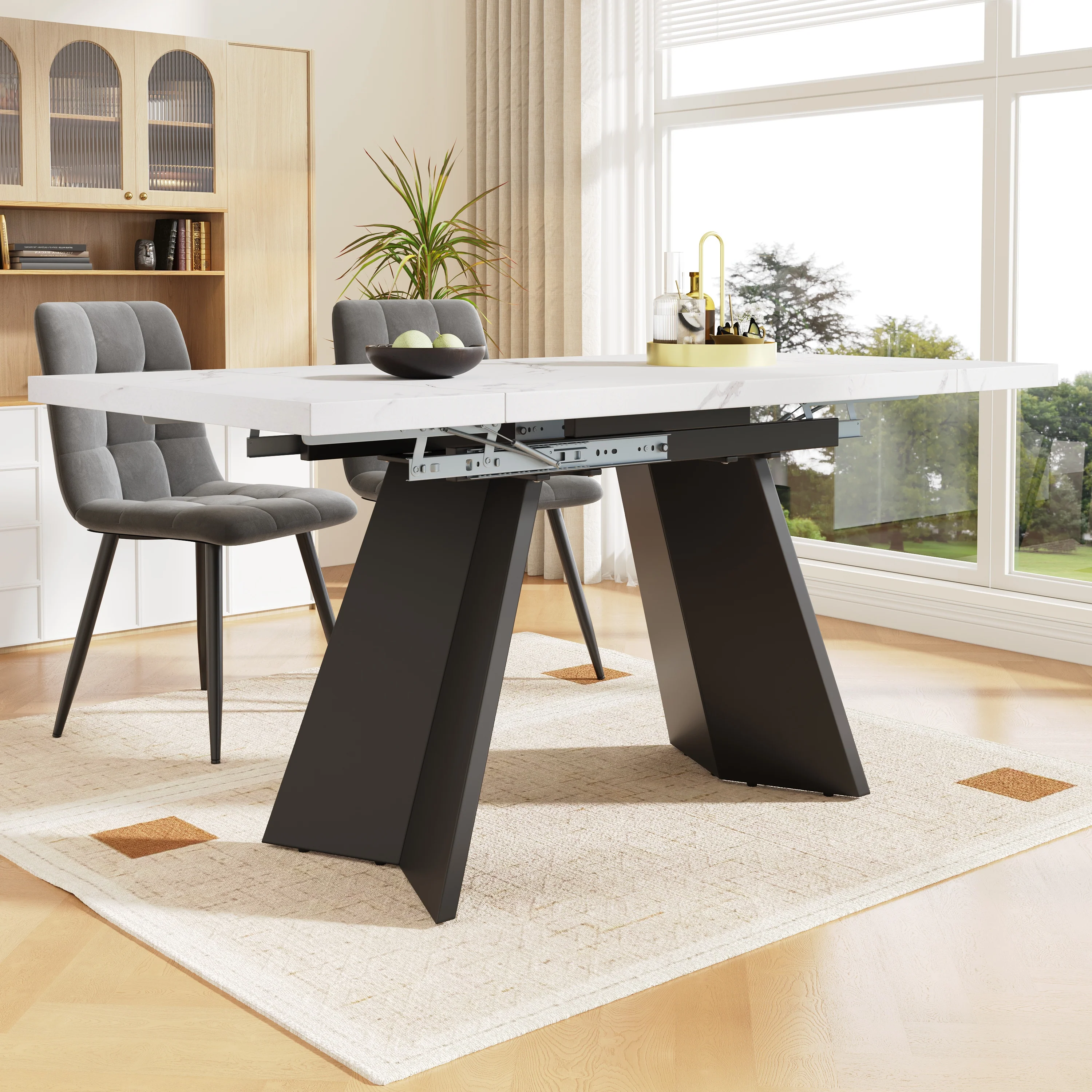 5-Piece Dining Set Extendable Table 160x80cm with 4 Grey Velvet Chairs White - Image 3