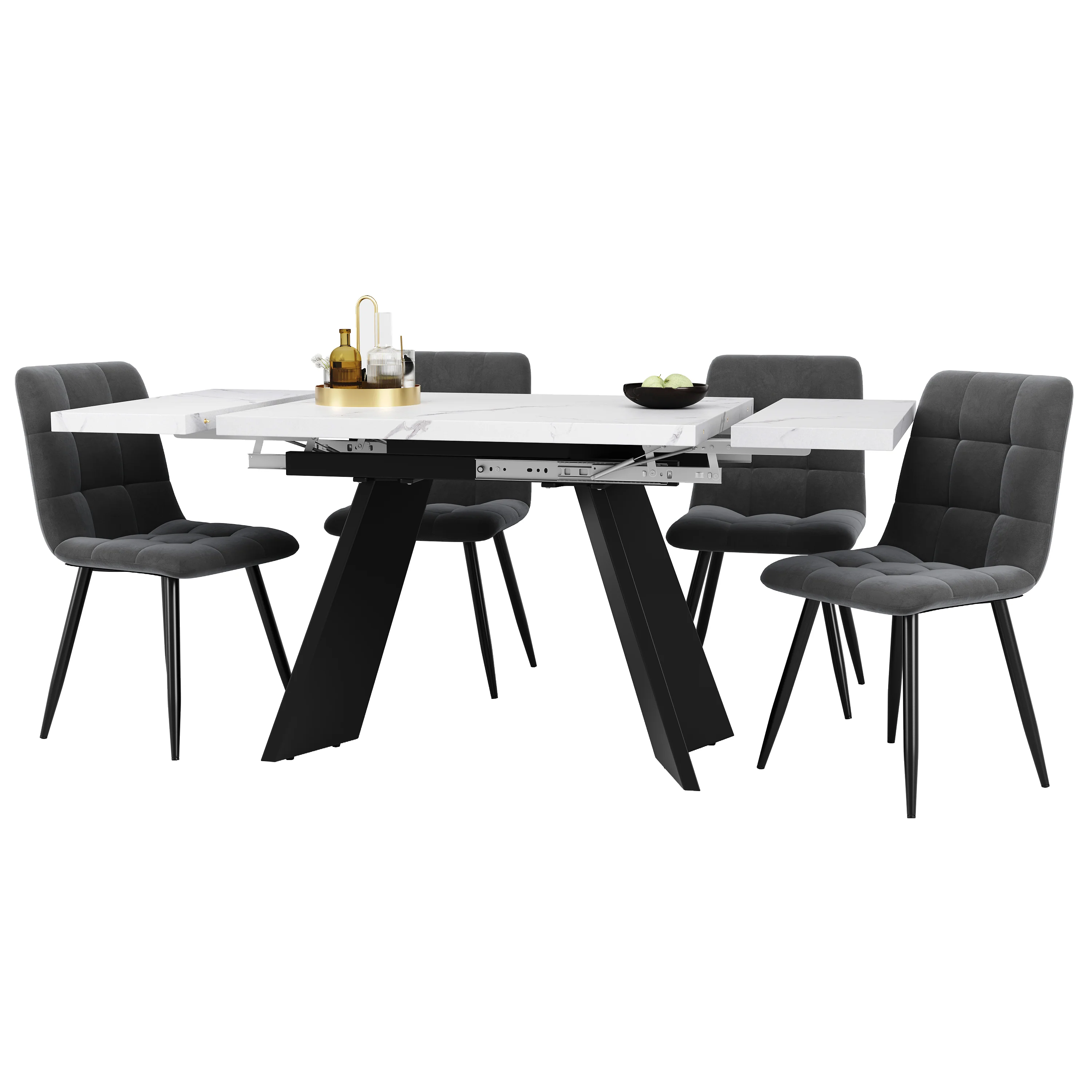 5-Piece Dining Set Extendable Table 160x80cm with 4 Grey Velvet Chairs White - Image 4
