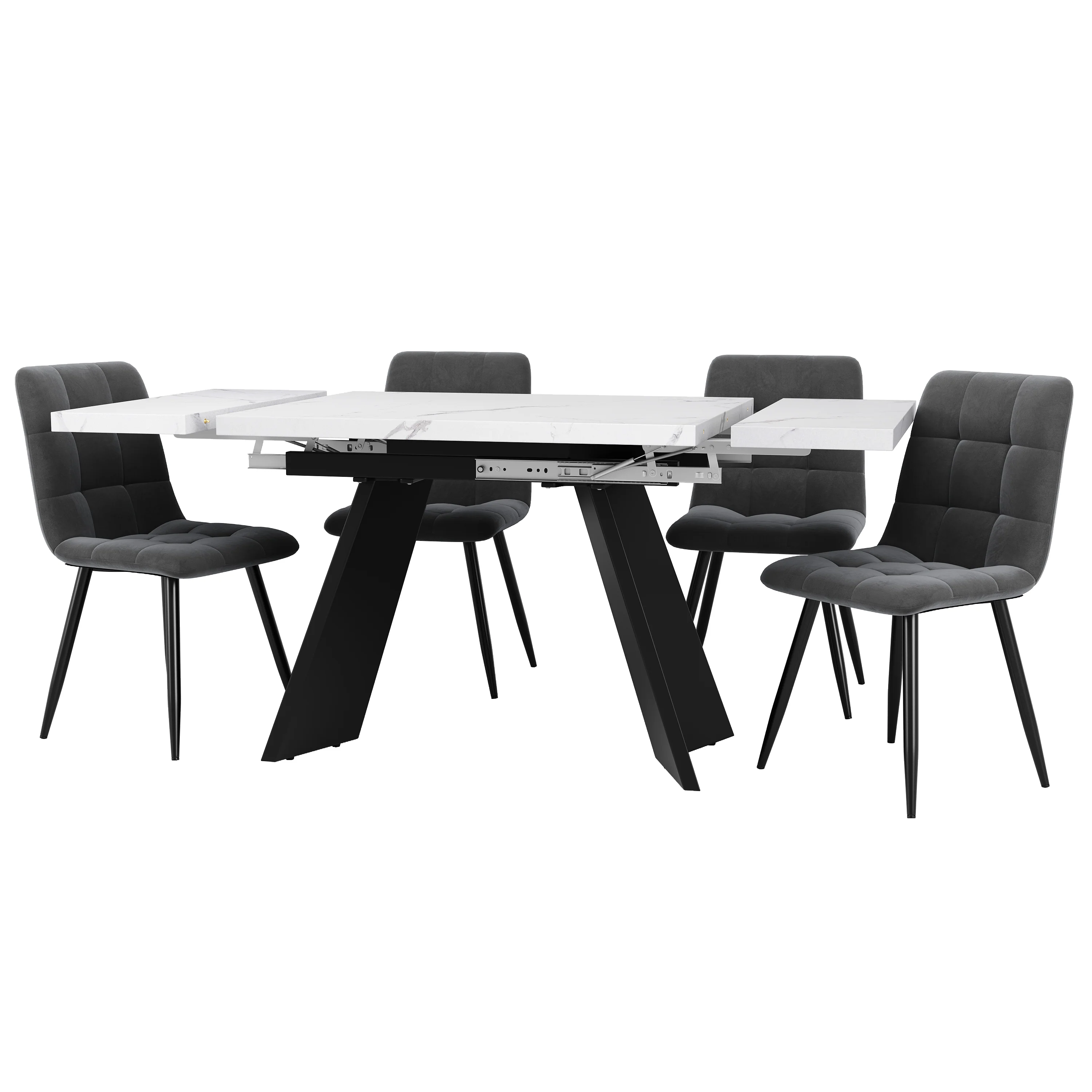 5-Piece Dining Set Extendable Table 160x80cm with 4 Grey Velvet Chairs White - Image 5