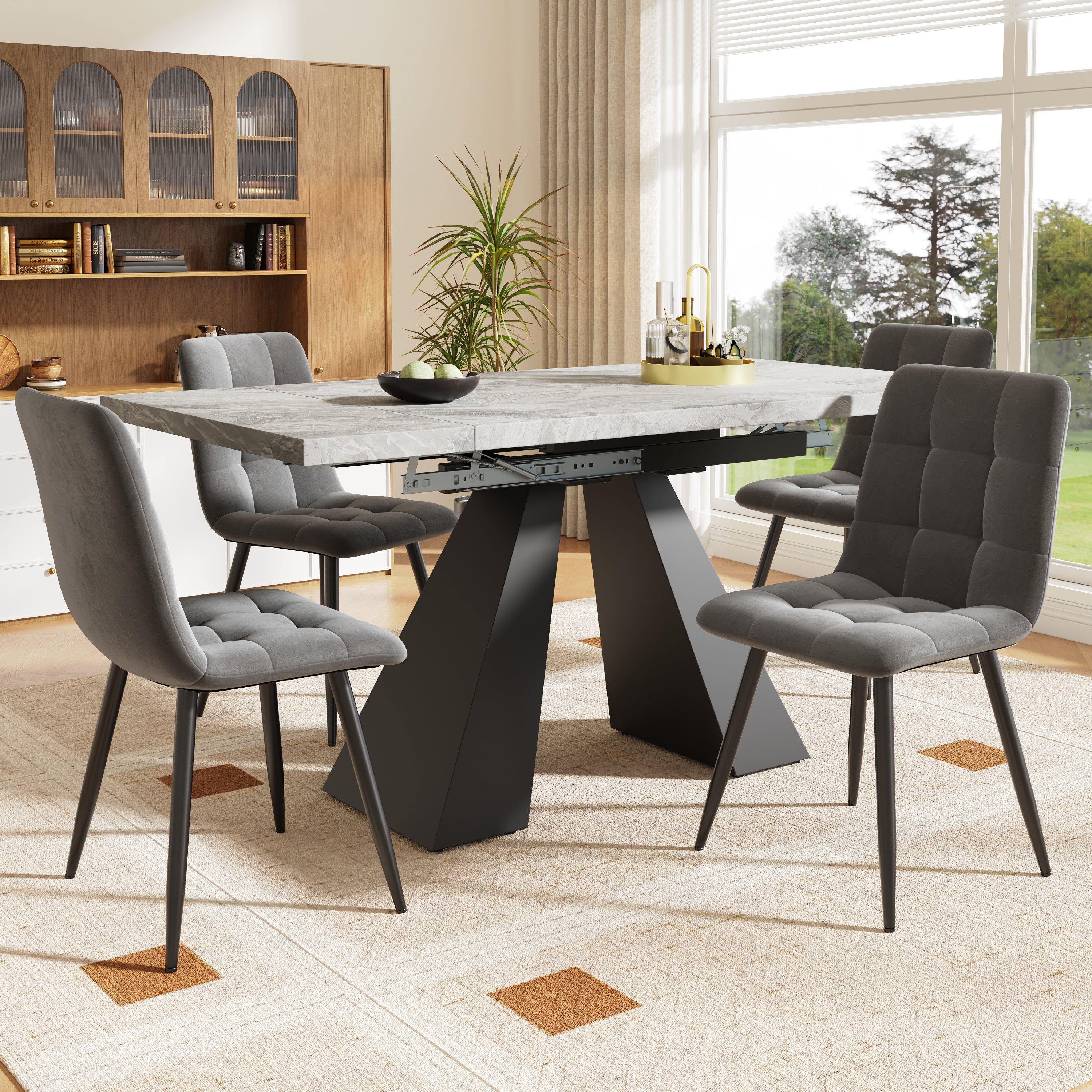 5-Piece Dining Set Extendable Table 4 Velvet Chairs - Grey/Black