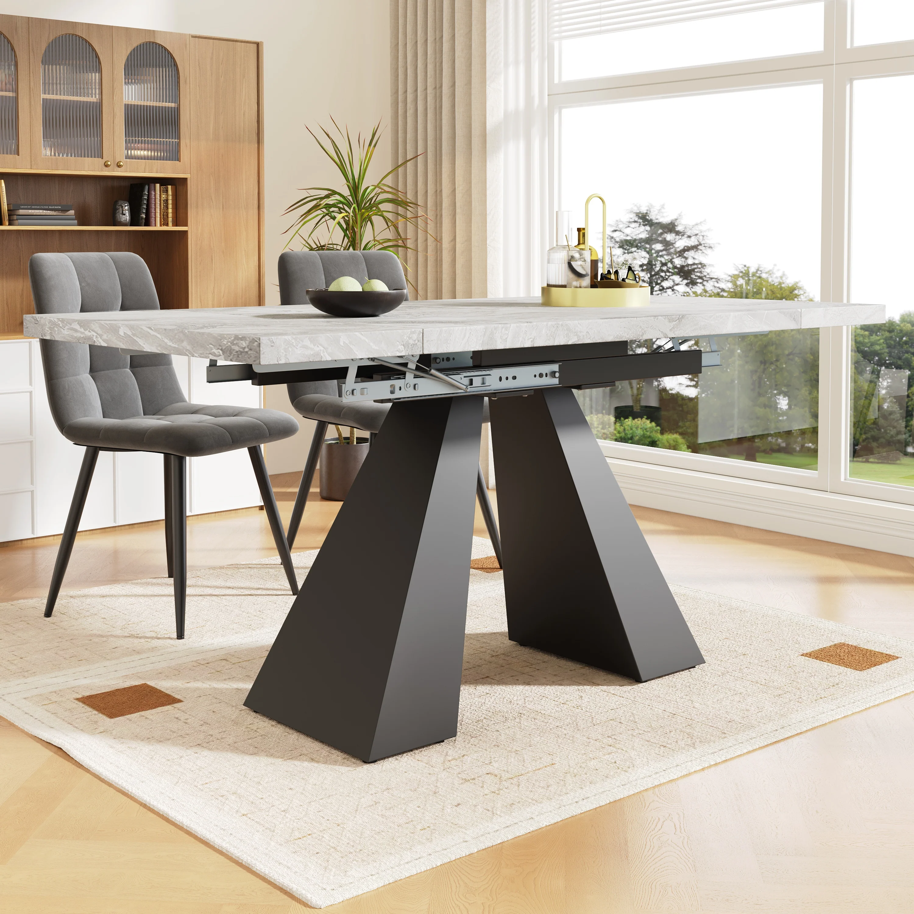 5-Piece Dining Set Extendable Table 4 Velvet Chairs - Grey/Black - Image 2