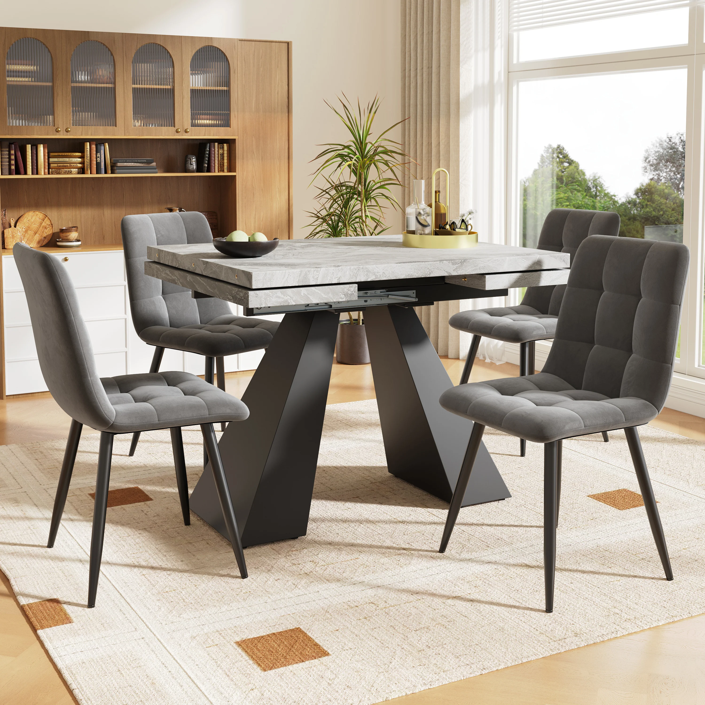 5-Piece Dining Set Extendable Table 4 Velvet Chairs - Grey/Black - Image 3