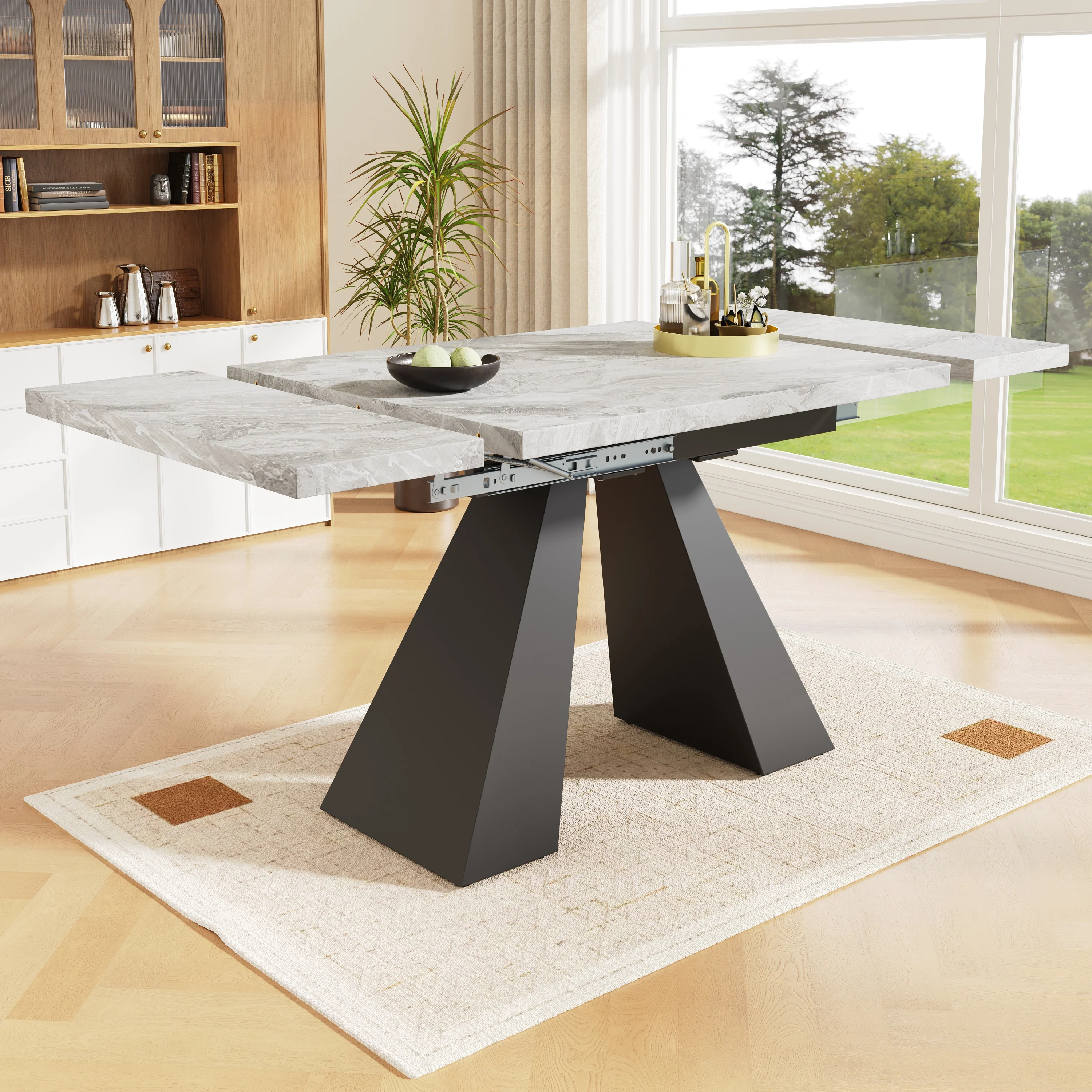 5-Piece Dining Set Extendable Table 4 Velvet Chairs - Grey/Black - Image 4