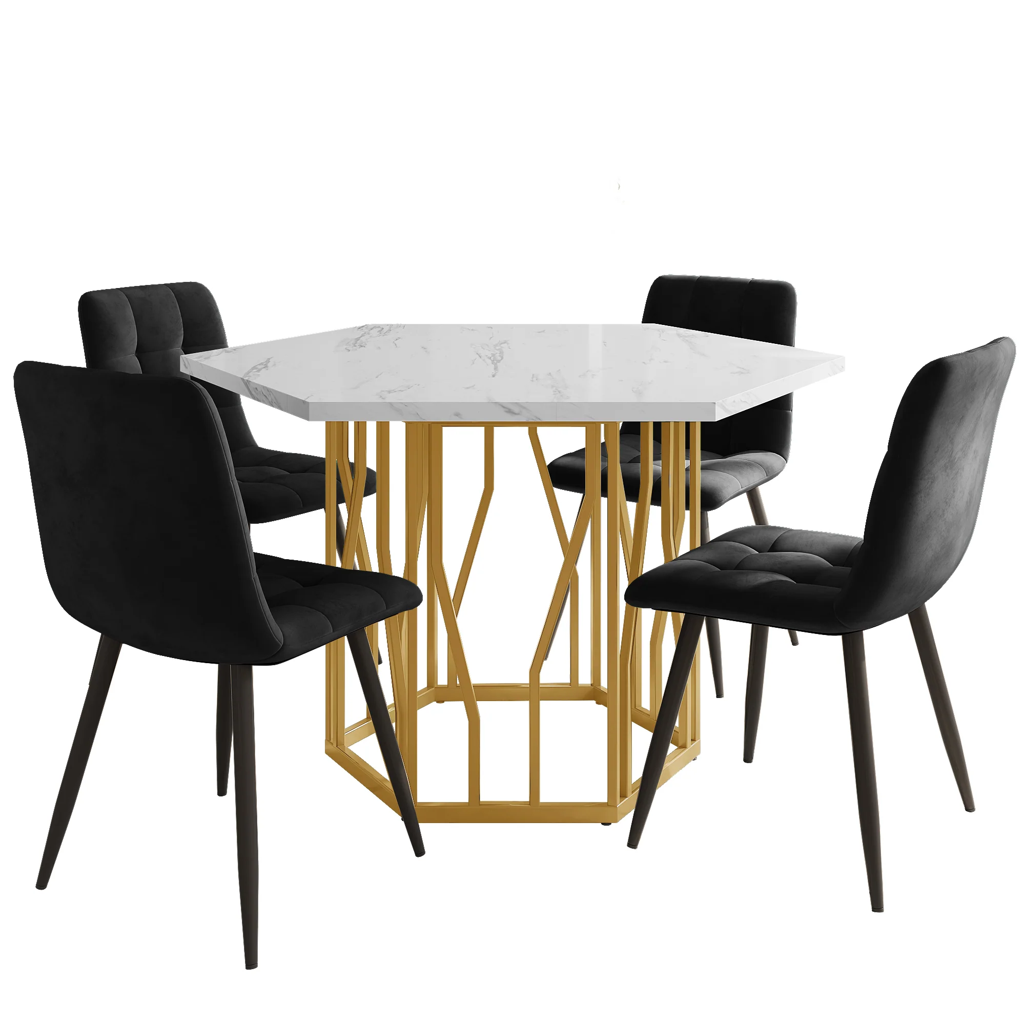 5-Piece Dining Set Hexagonal Marble Table 4 Velvet Chairs Gold Legs - Black - Image 3