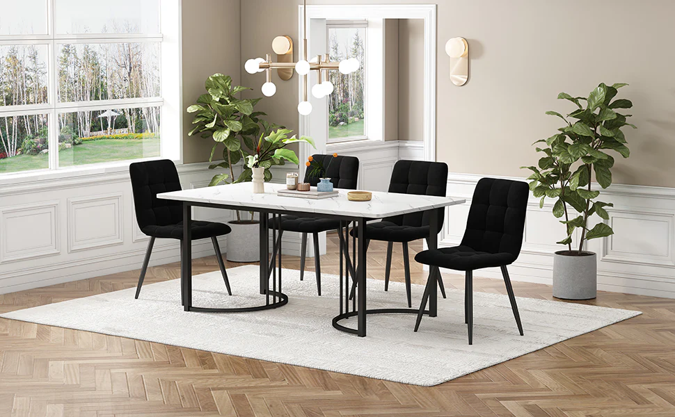 5-Piece Dining Set Modern 140x80cm Black Metal Legs White MDF/Black Velvet - Image 2