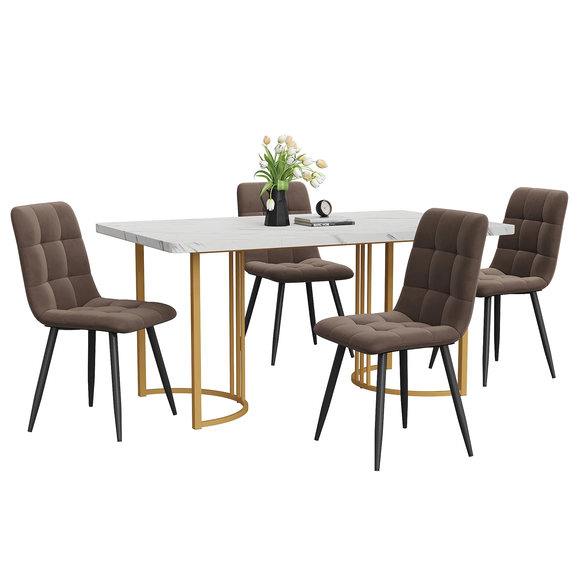 5-Piece Dining Set Modern 140x80cm Table 4 Chairs Gold Legs White MDF Brown Velvet - Image 3