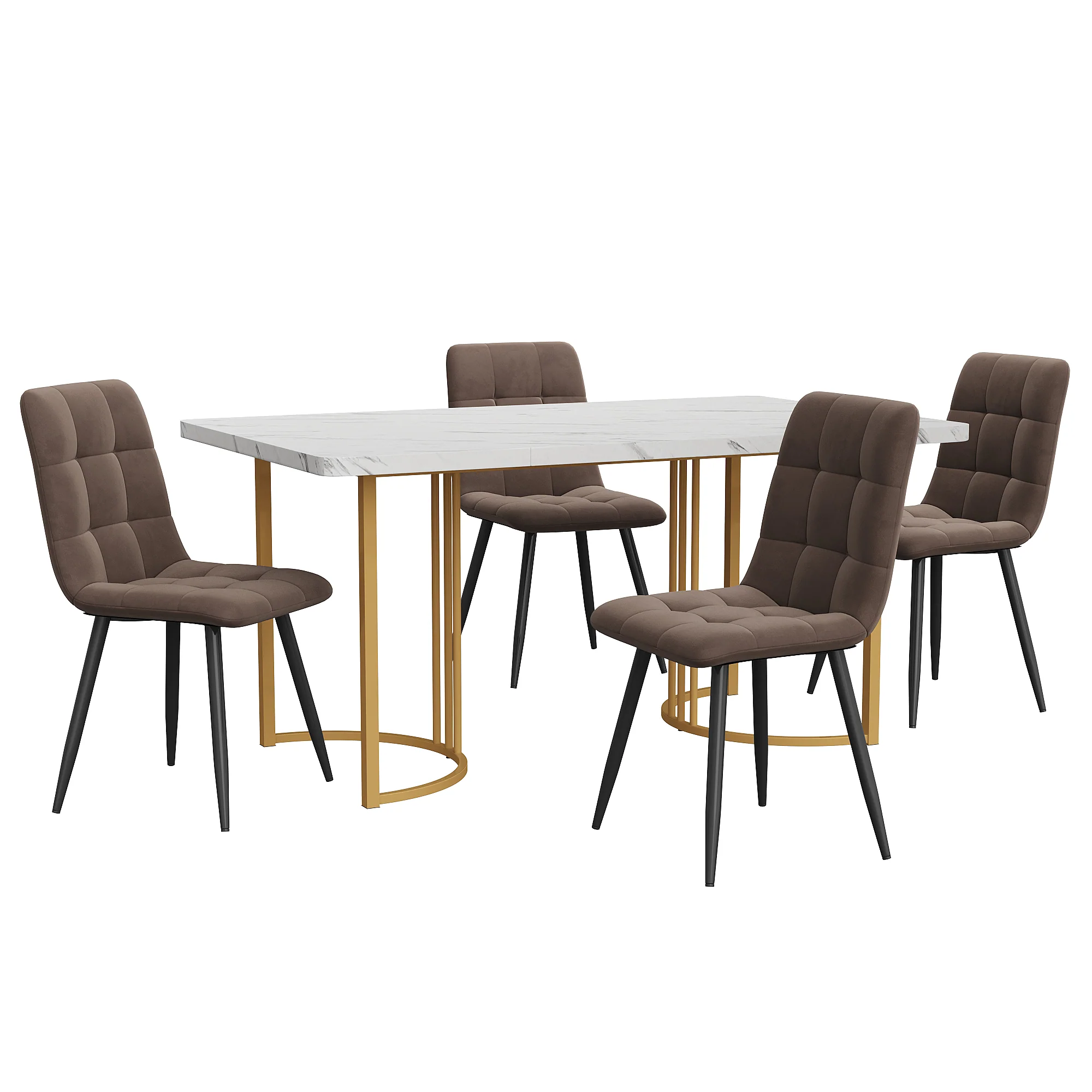 5-Piece Dining Set Modern 140x80cm Table 4 Chairs Gold Legs White MDF Brown Velvet - Image 4