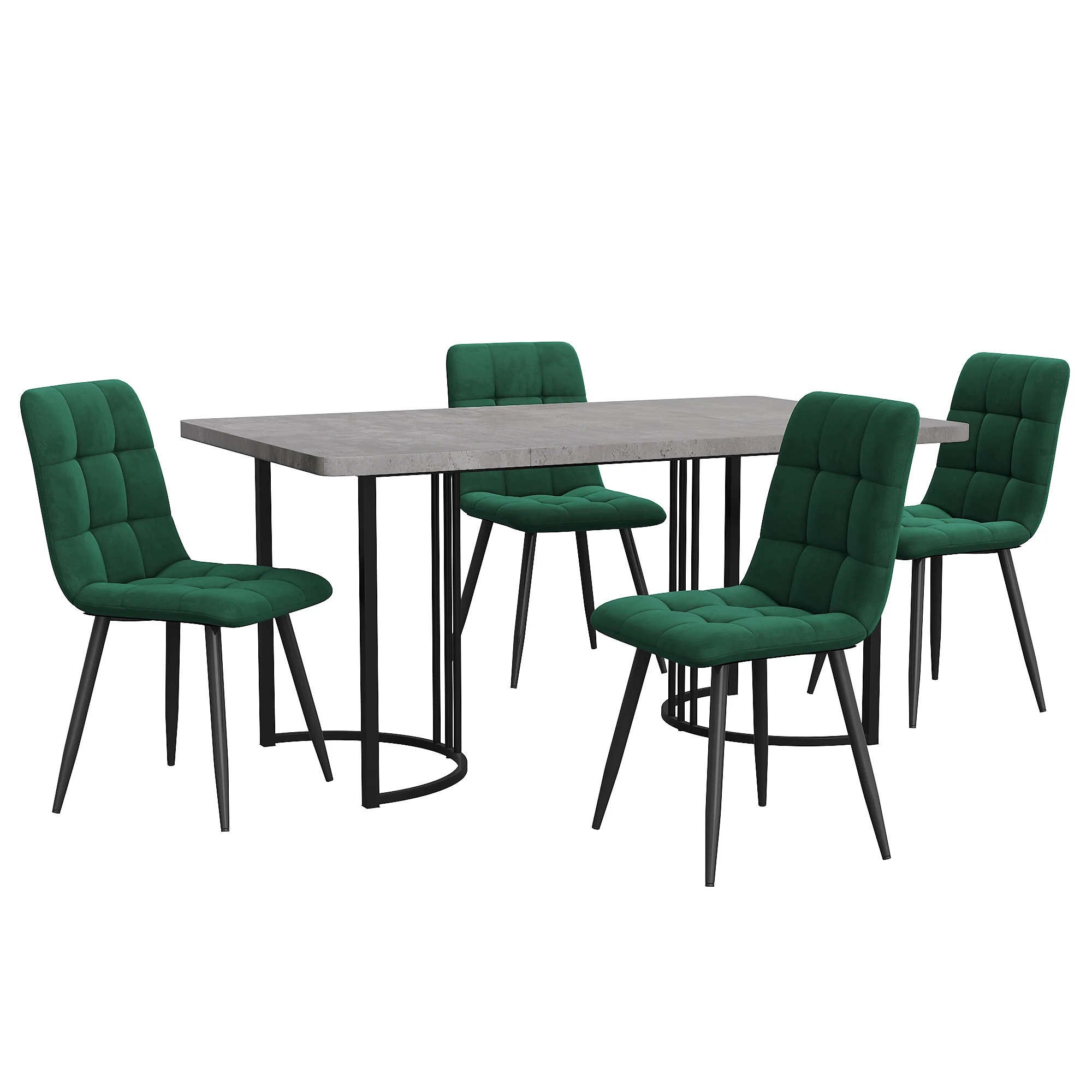 5-Piece Dining Set Modern 140x80cm Table Black Metal Legs - Grey MDF Dark Green Velvet - Image 4