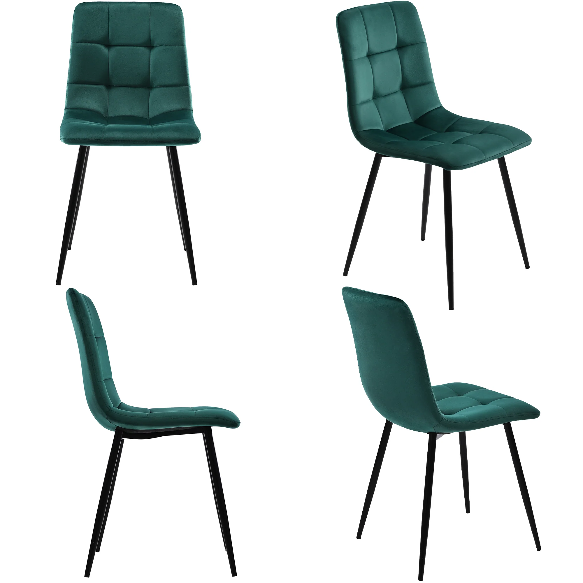 5-Piece Dining Set Modern 140x80cm Table Black Metal Legs - Grey MDF Dark Green Velvet - Image 6