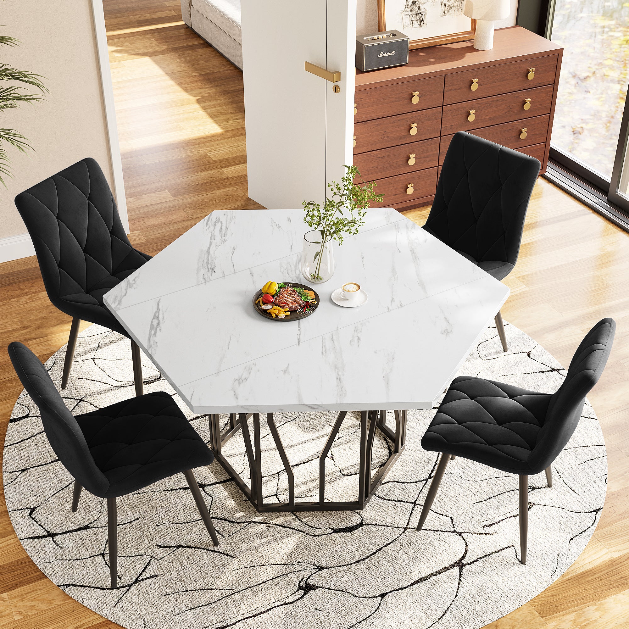 5-Piece Dining Set, Modern Hexagonal Marble Table with 4 Chairs, Black Velvet - Image 2