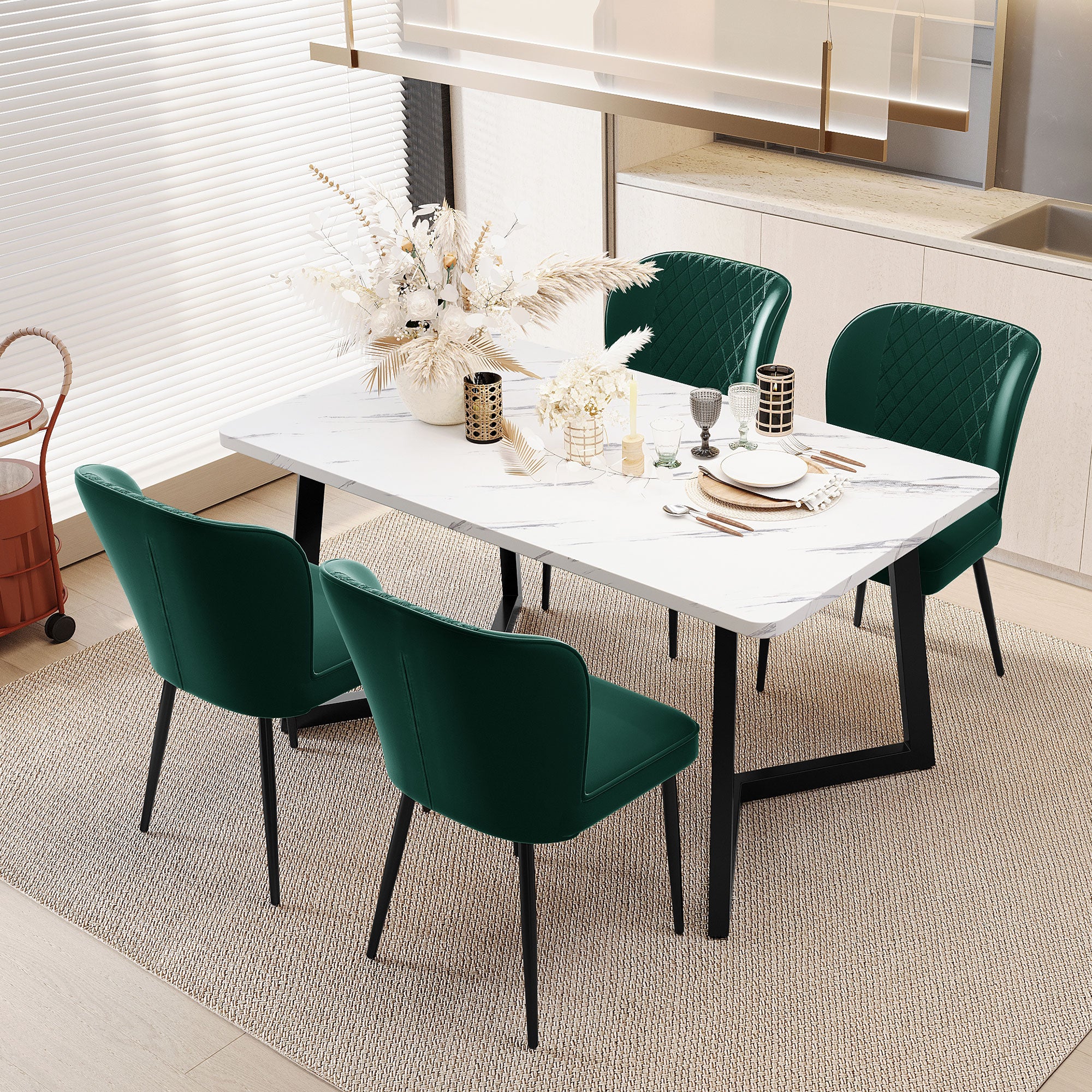 5-Piece Dining Set Modern Kitchen Table 117x68cm with 4 Upholstered Chairs Dark Green Velvet / White MDF