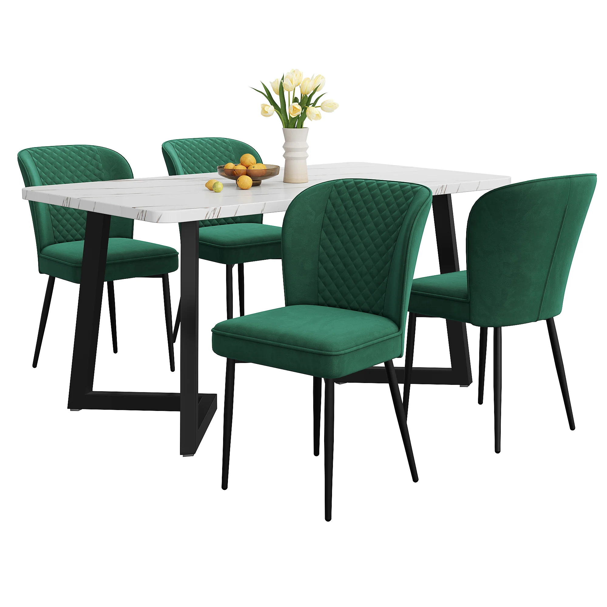 5-Piece Dining Set Modern Kitchen Table 117x68cm with 4 Upholstered Chairs Dark Green Velvet / White MDF - Image 3