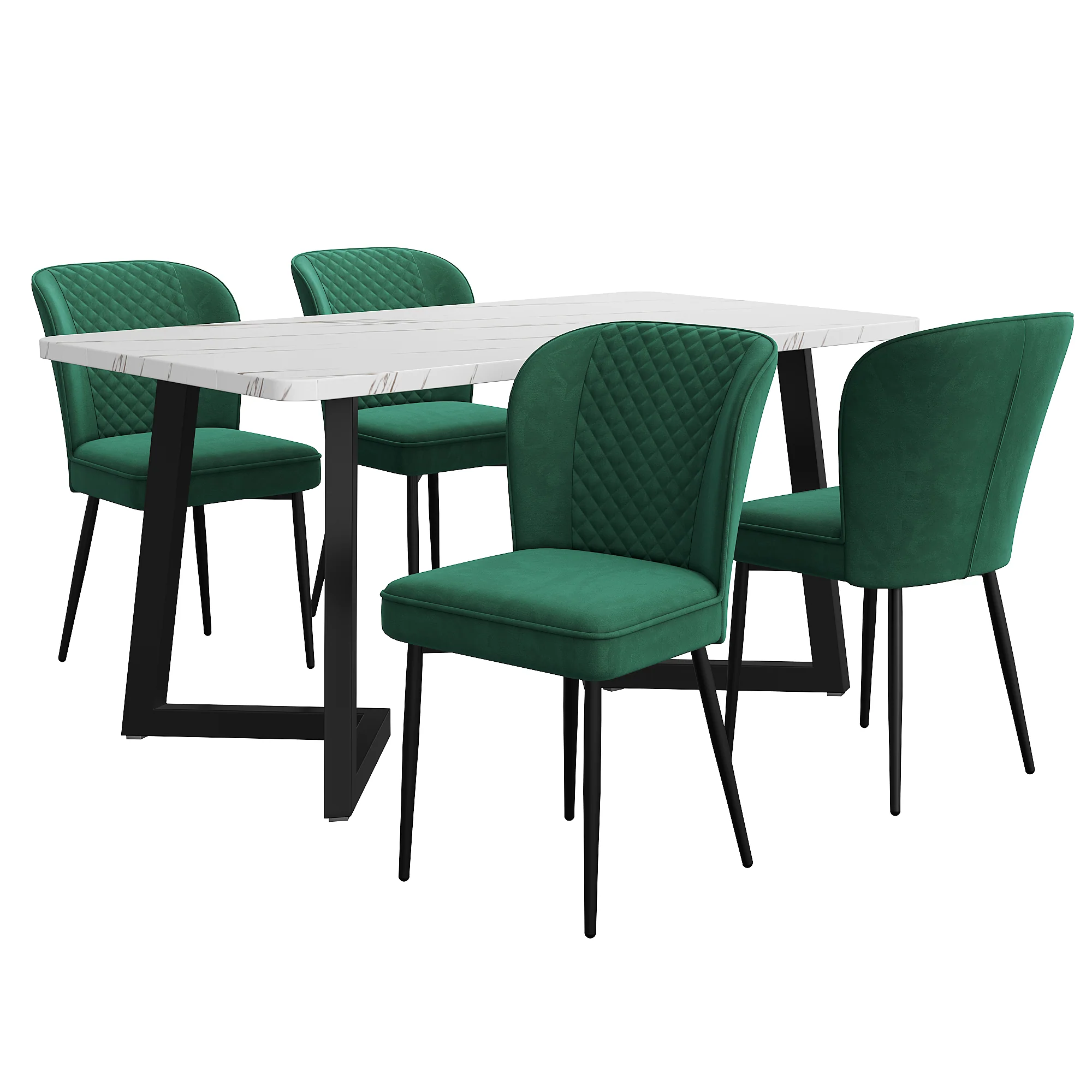 5-Piece Dining Set Modern Kitchen Table 117x68cm with 4 Upholstered Chairs Dark Green Velvet / White MDF - Image 4