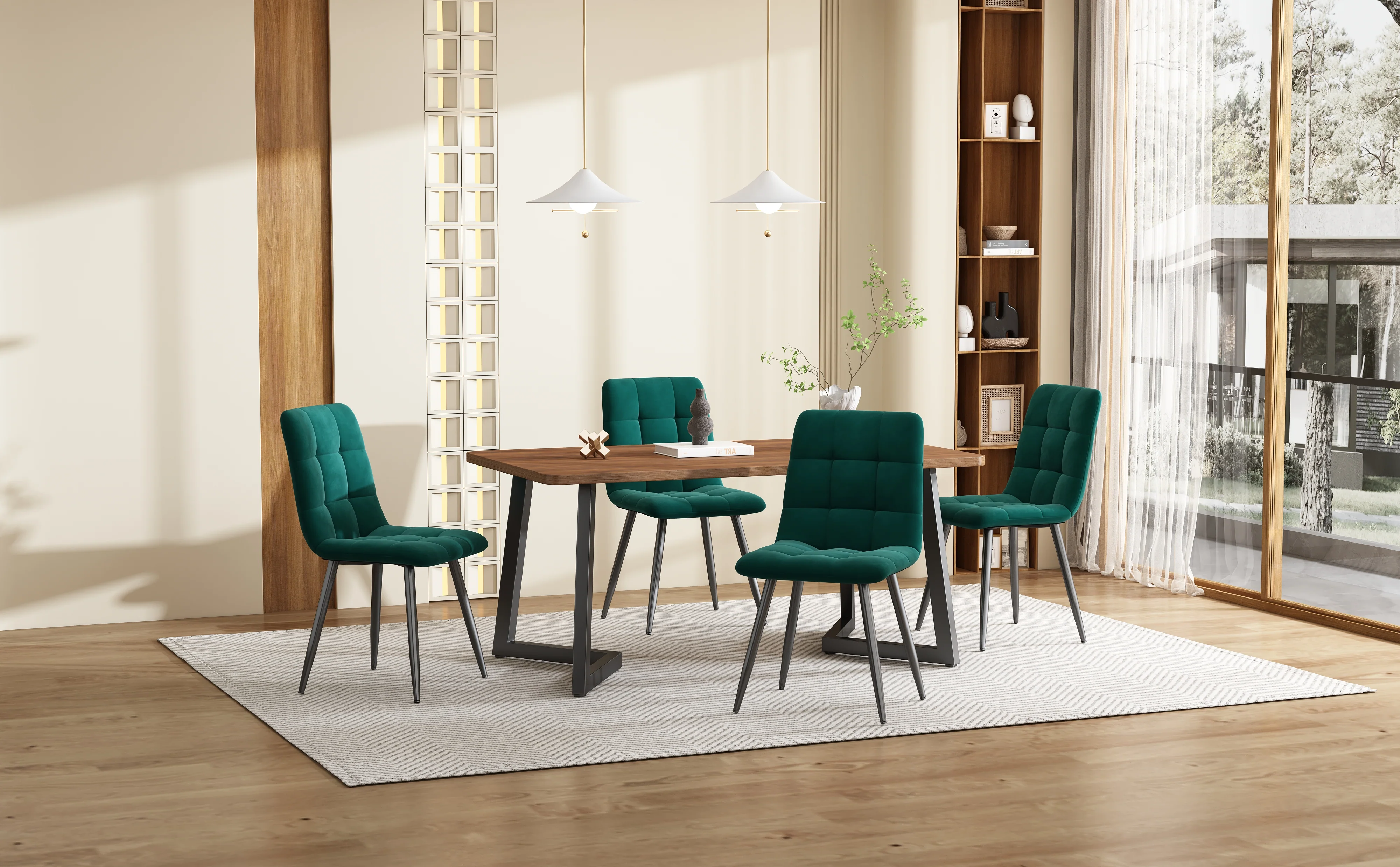 5-Piece Dining Set, Modern Kitchen Table & 4 Chairs, Walnut MDF & Dark Green Velvet - Image 2