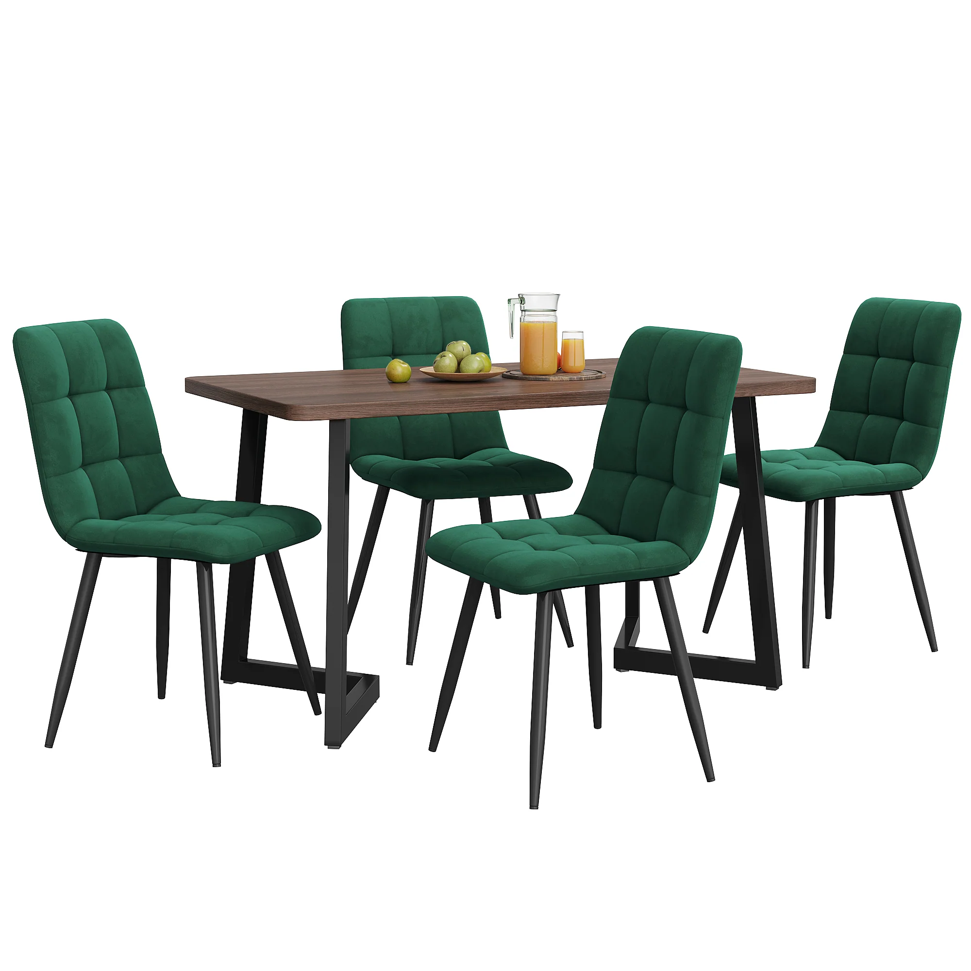 5-Piece Dining Set, Modern Kitchen Table & 4 Chairs, Walnut MDF & Dark Green Velvet - Image 3