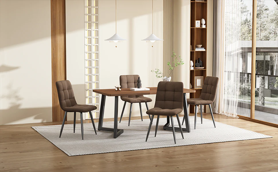 5-Piece Dining Set Modern Kitchen Table with 4 Chairs Black Metal, Walnut MDF & Brown Velvet - Image 2