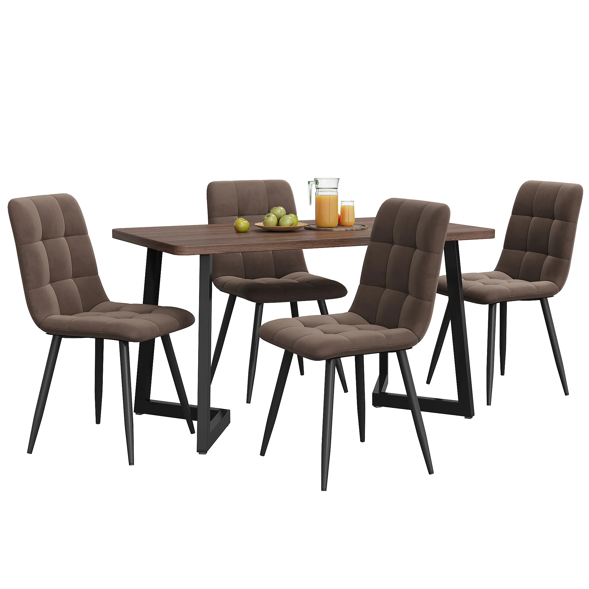 5-Piece Dining Set Modern Kitchen Table with 4 Chairs Black Metal, Walnut MDF & Brown Velvet - Image 3