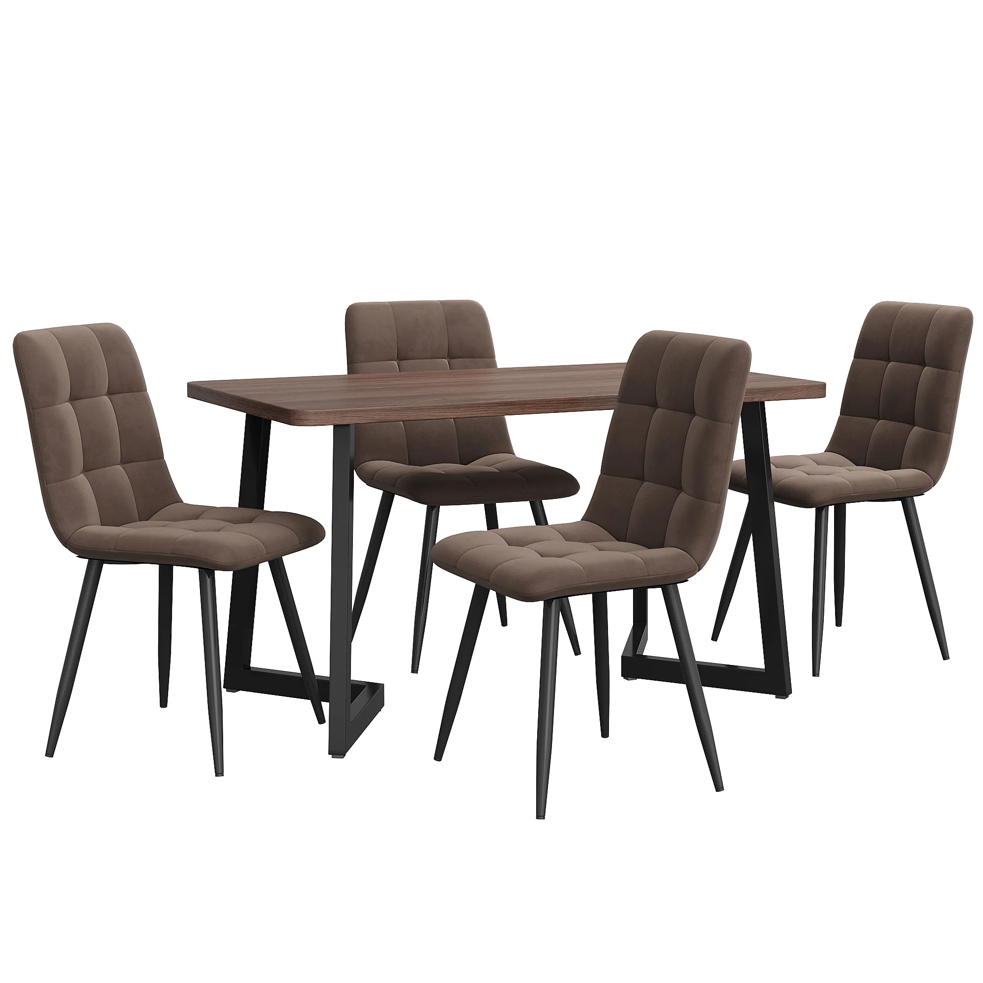 5-Piece Dining Set Modern Kitchen Table with 4 Chairs Black Metal, Walnut MDF & Brown Velvet - Image 4