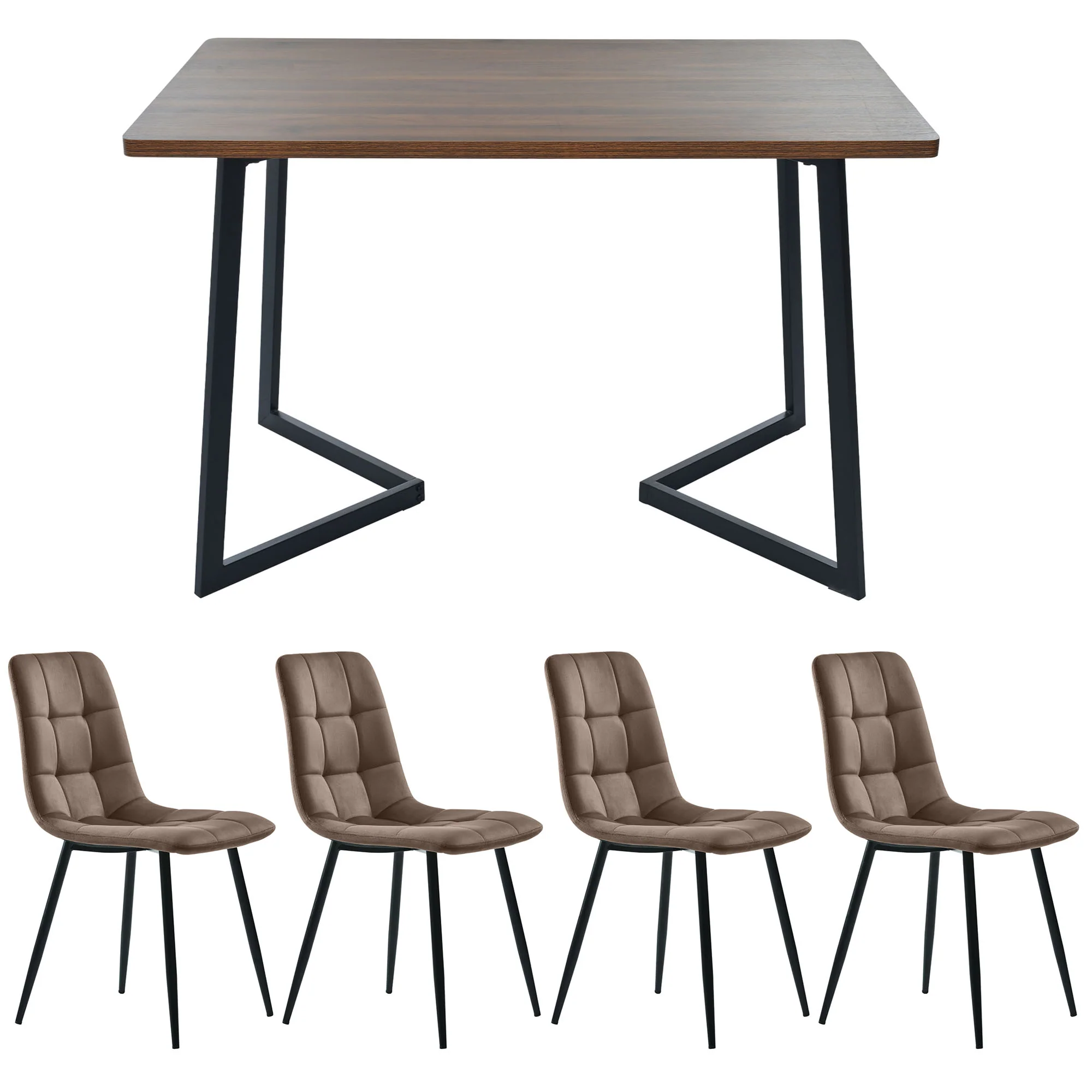 5-Piece Dining Set Modern Kitchen Table with 4 Chairs Black Metal, Walnut MDF & Brown Velvet - Image 5