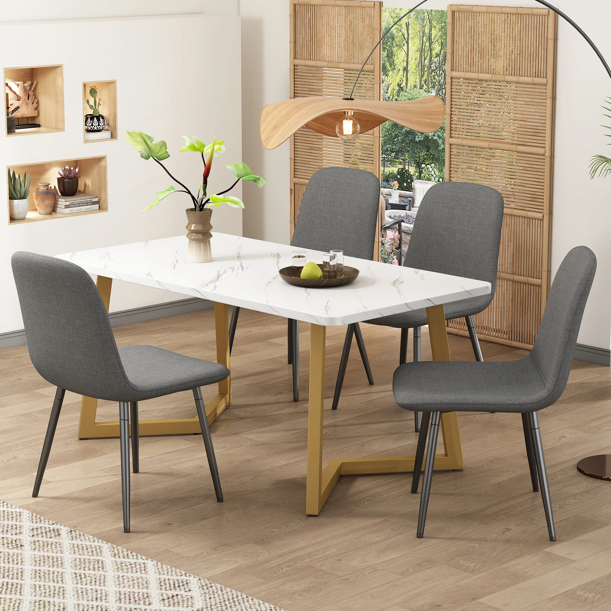 5-Piece Dining Set Modern Kitchen Table with 4 Chairs, Grey Linen & Gold