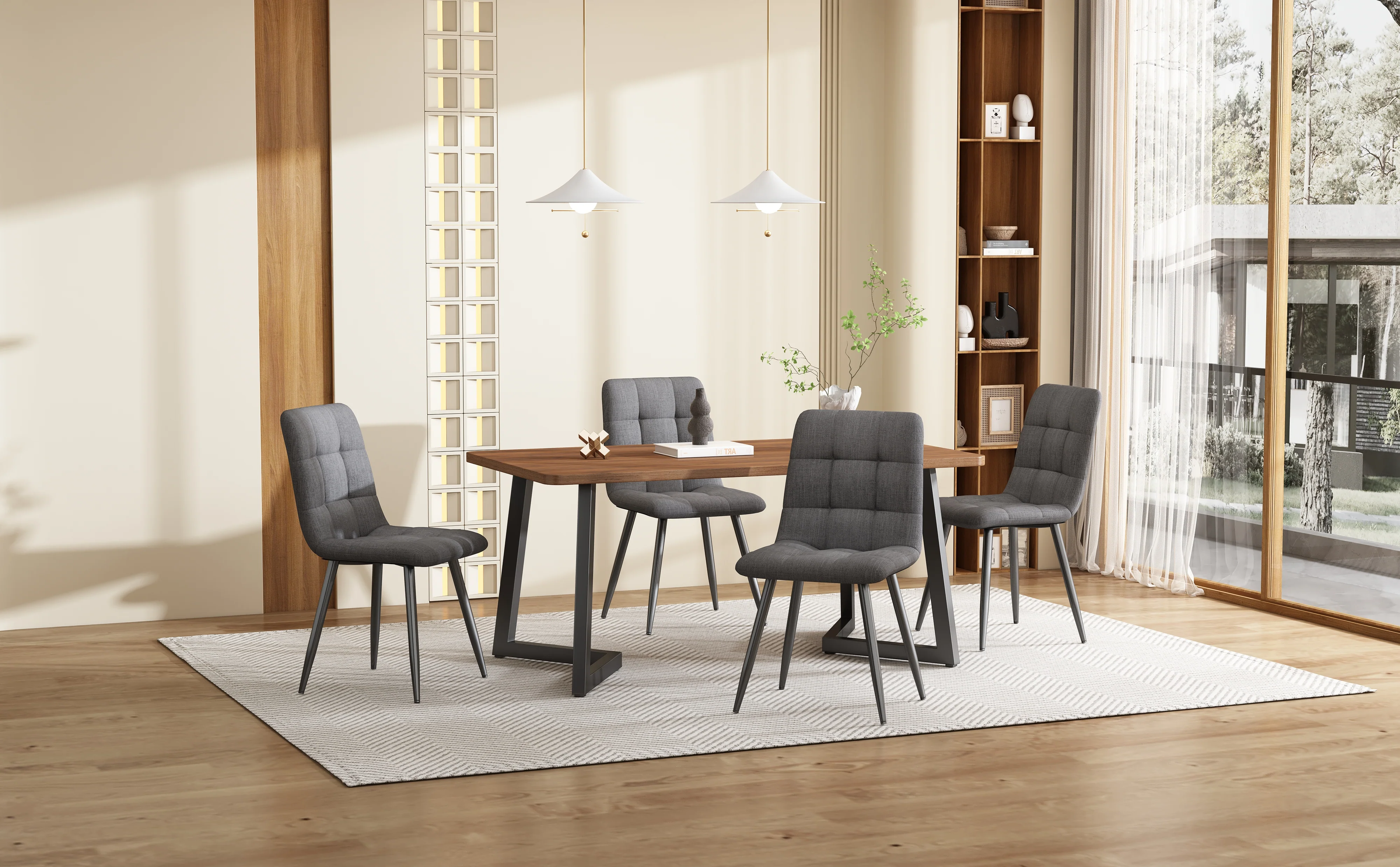 5-Piece Dining Set Modern Kitchen Table Wood Grain MDF, 4 Dark Gray Linen Chairs, Walnut/Black Metal - Image 2