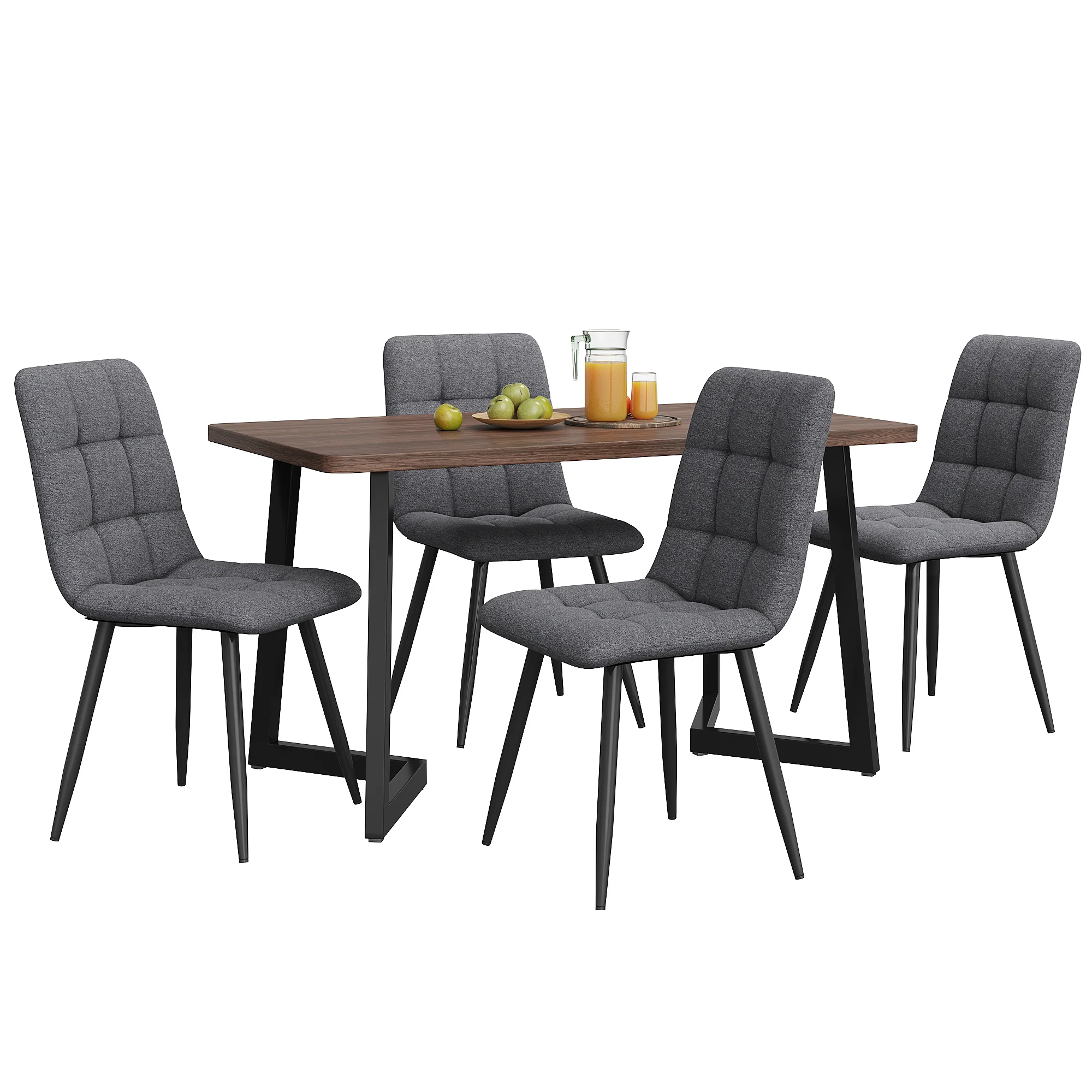 5-Piece Dining Set Modern Kitchen Table Wood Grain MDF, 4 Dark Gray Linen Chairs, Walnut/Black Metal - Image 3