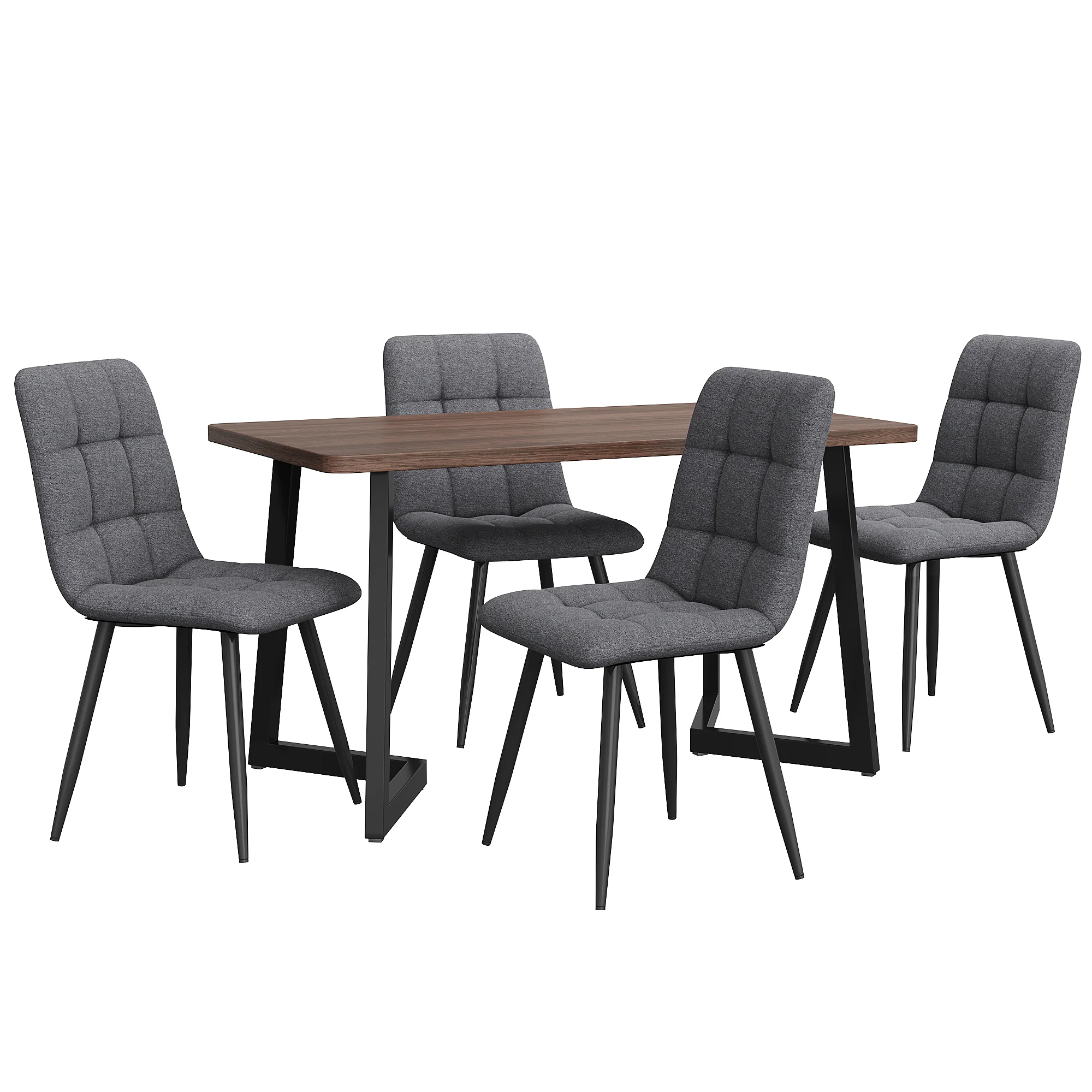 5-Piece Dining Set Modern Kitchen Table Wood Grain MDF, 4 Dark Gray Linen Chairs, Walnut/Black Metal - Image 4