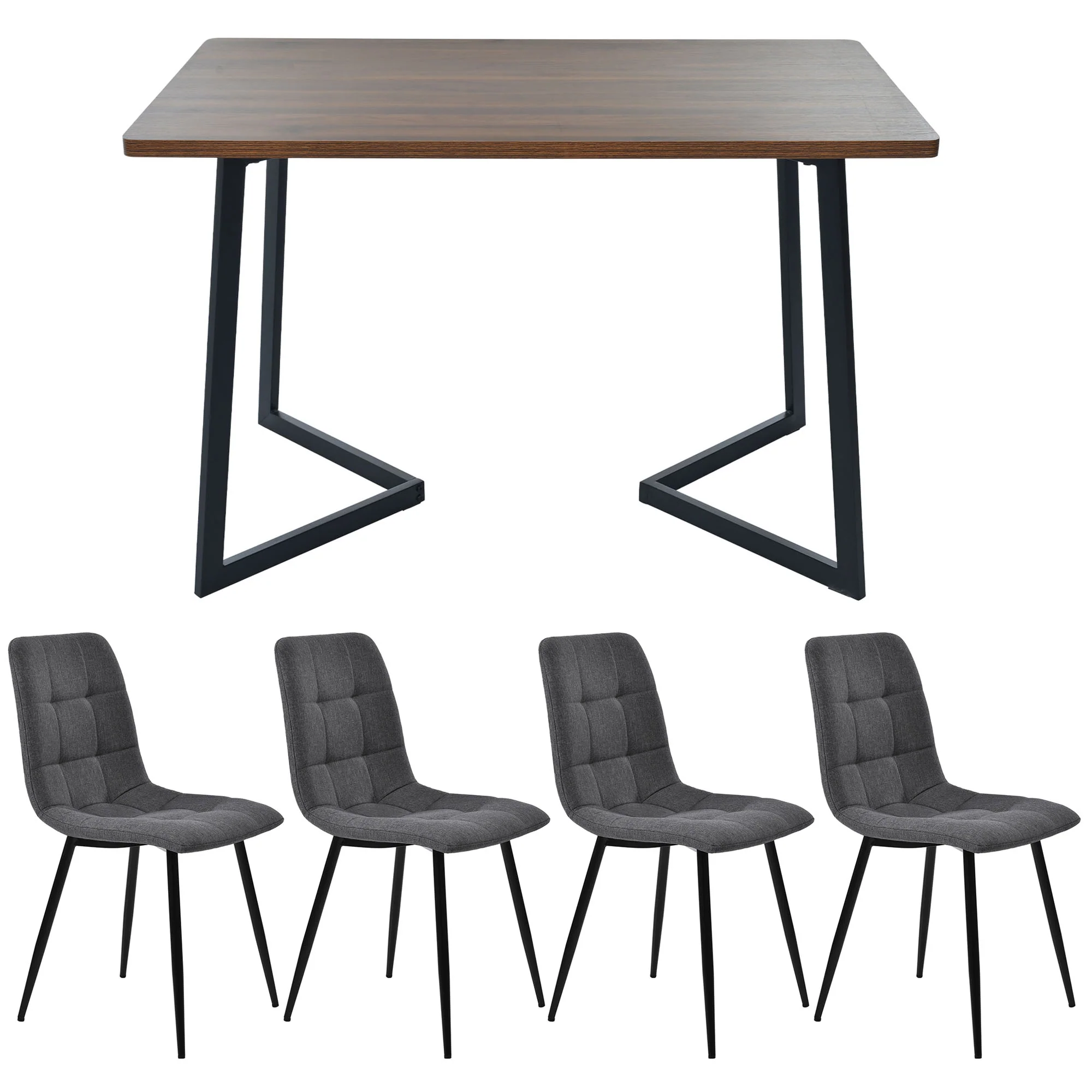 5-Piece Dining Set Modern Kitchen Table Wood Grain MDF, 4 Dark Gray Linen Chairs, Walnut/Black Metal - Image 5
