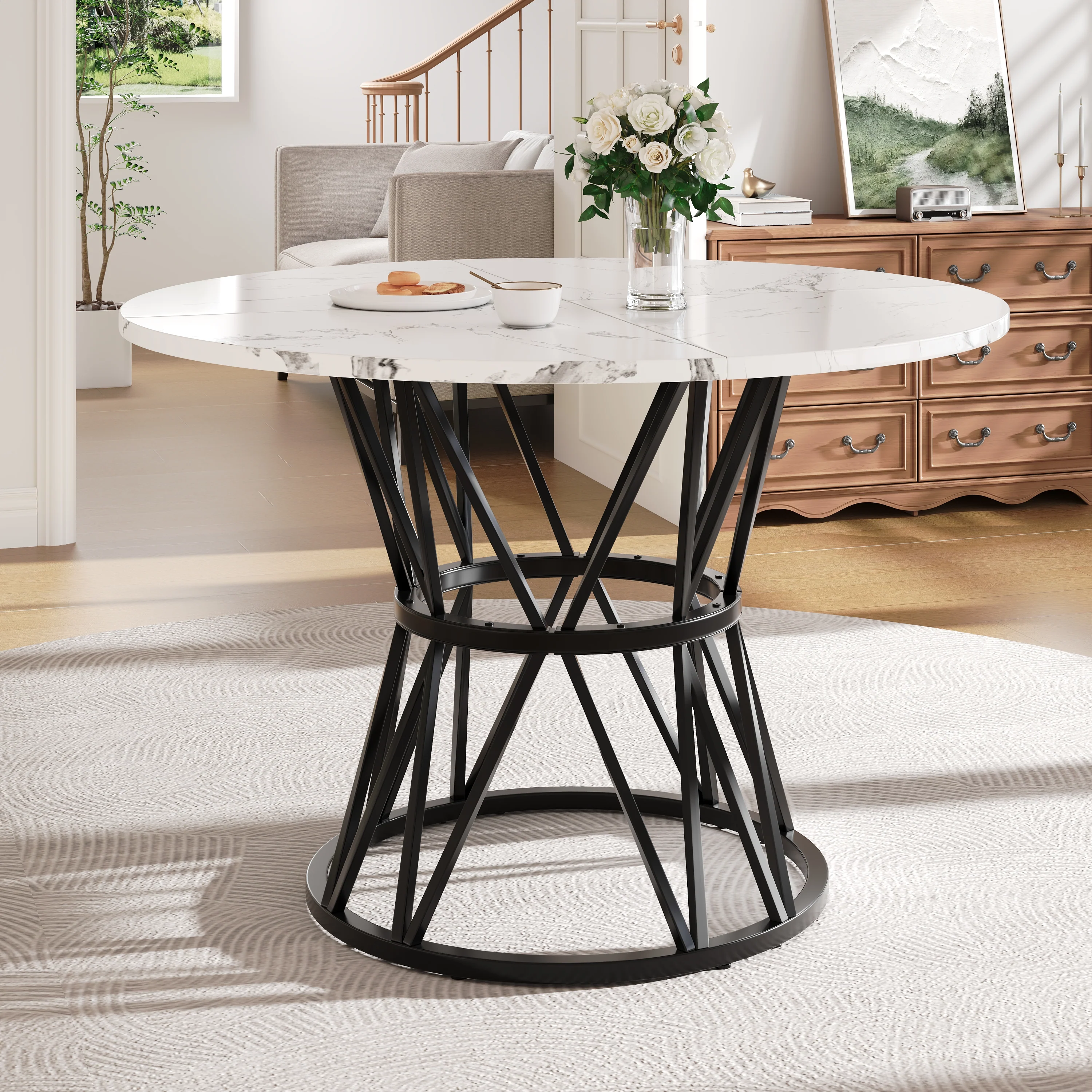 5-Piece Dining Set Modern Round 100cm Marble Top, Grey Velvet & Black Metal - Image 5