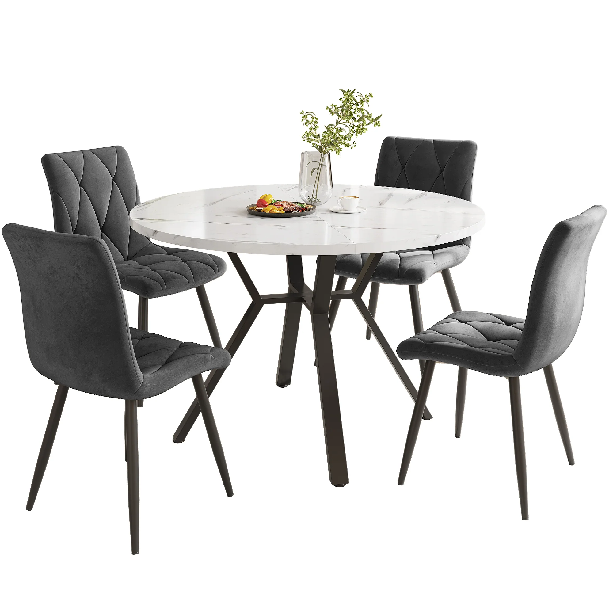 5-Piece Dining Set Modern Round Marble Table 4 Ergonomic Chairs Black Metal Grey Suede - Image 2