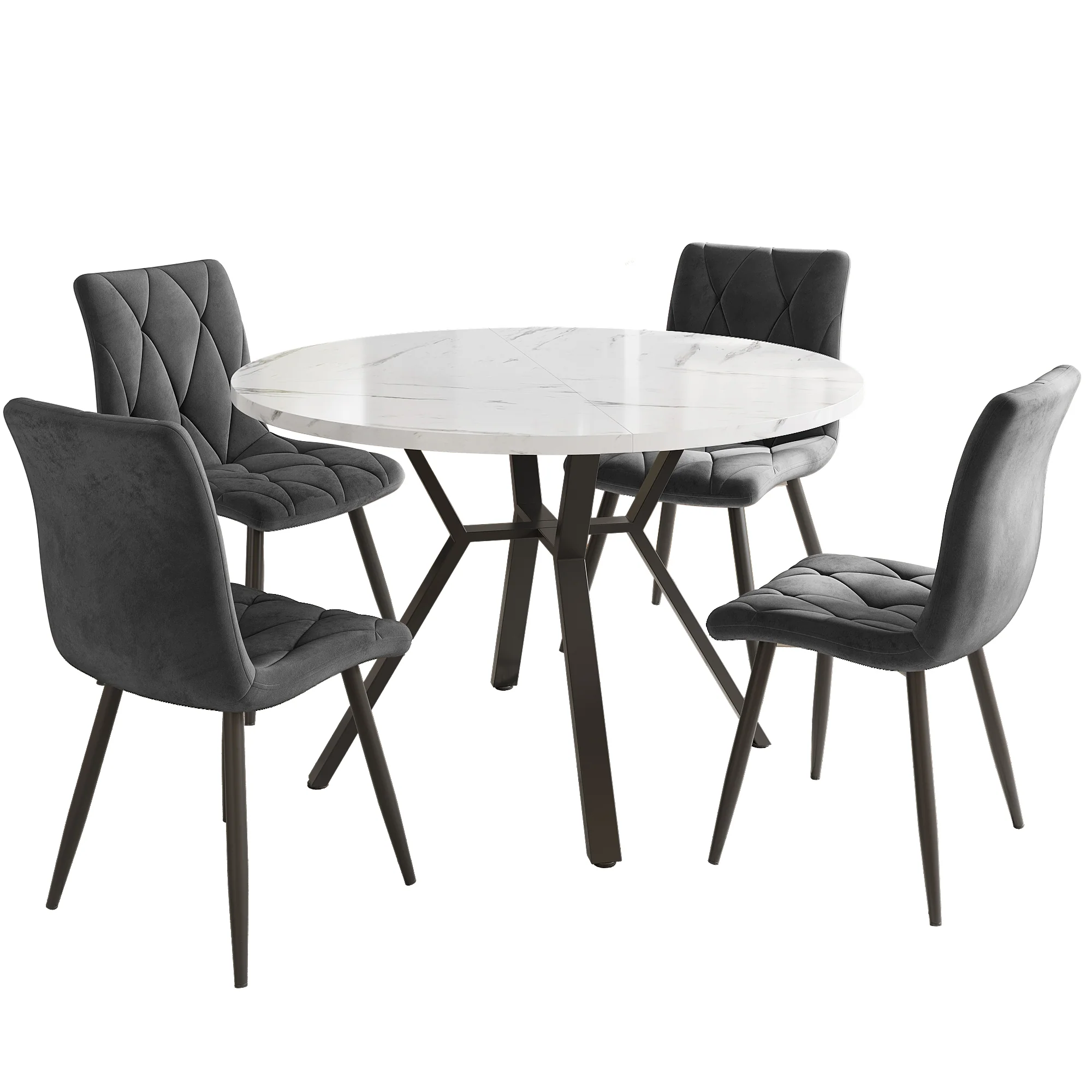 5-Piece Dining Set Modern Round Marble Table 4 Ergonomic Chairs Black Metal Grey Suede - Image 3