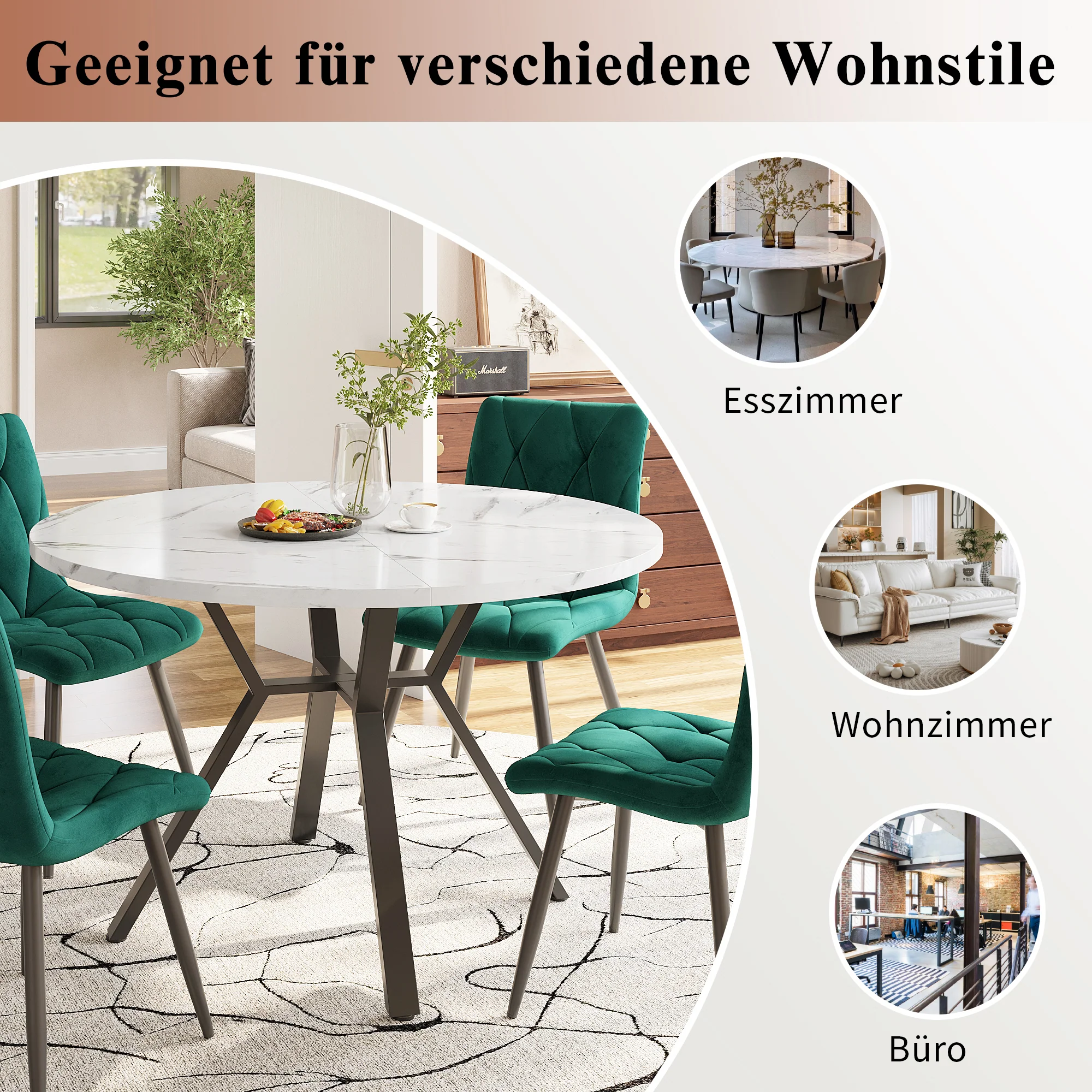 5-Piece Dining Set Modern Round Marble Table 4 Ergonomic Chairs Black Metal Grey Suede - Image 9