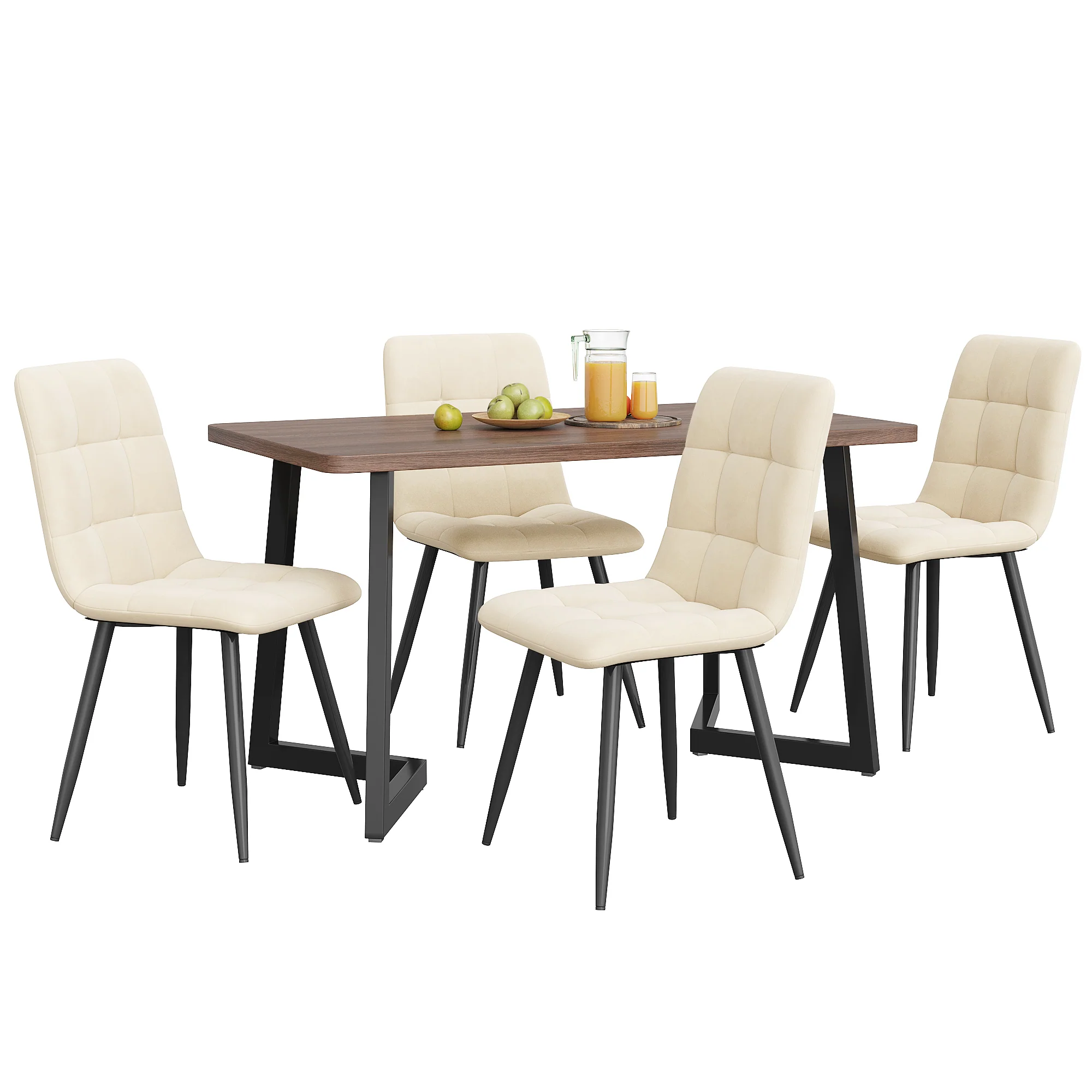 5-Piece Dining Set Modern Wood Grain Table 4 Chairs Black Metal Walnut/Beige Velvet - Image 3