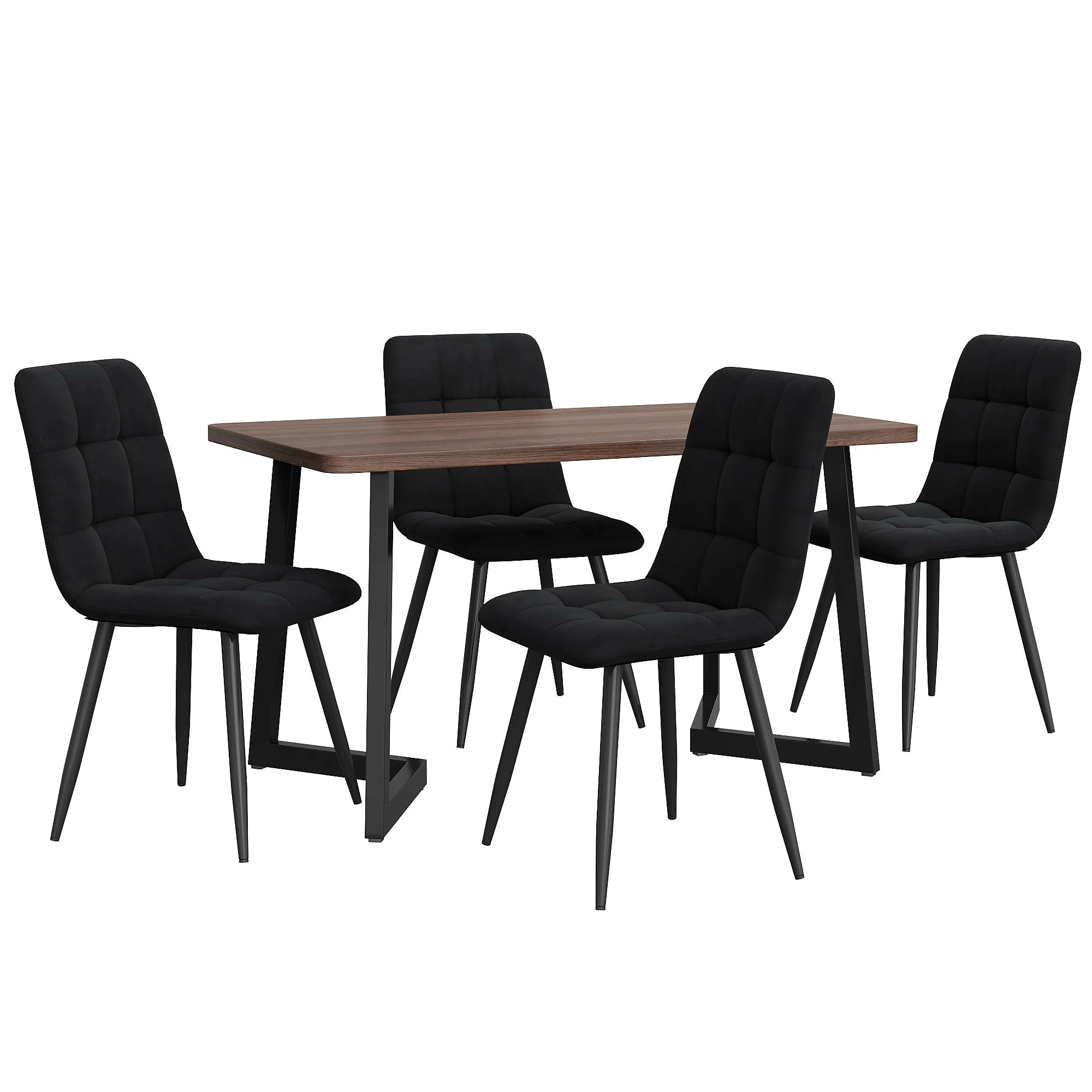 5-Piece Dining Set Modern Wood Grain Table Black Metal Legs Black Velvet - Image 4