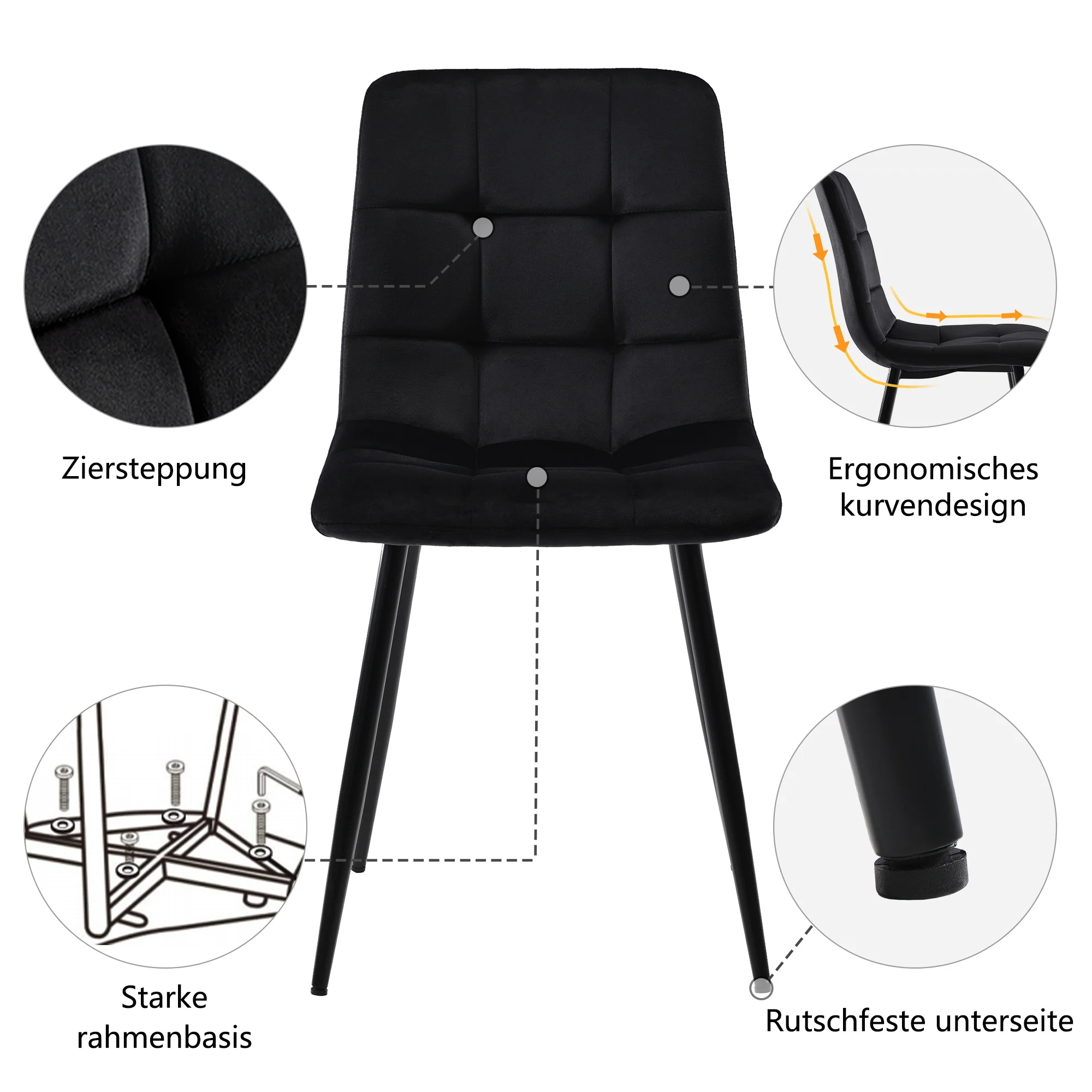 5-Piece Dining Set Modern Wood Grain Table Black Metal Legs Black Velvet - Image 7