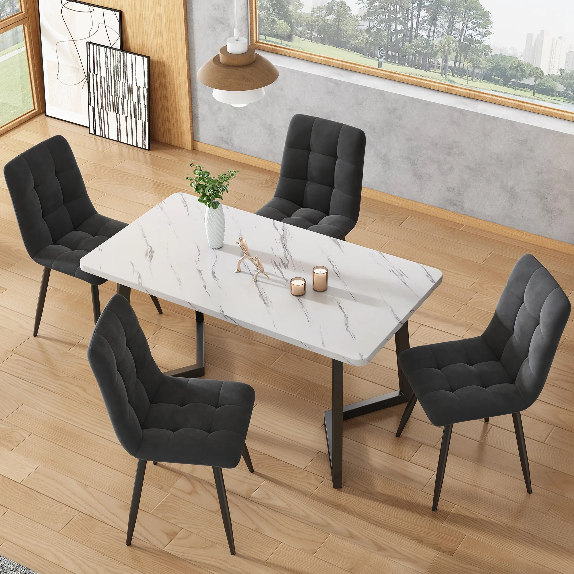 5-Piece Dining Set Rectangular Kitchen Table 117cm Dark Grey Velvet Black - Image 2