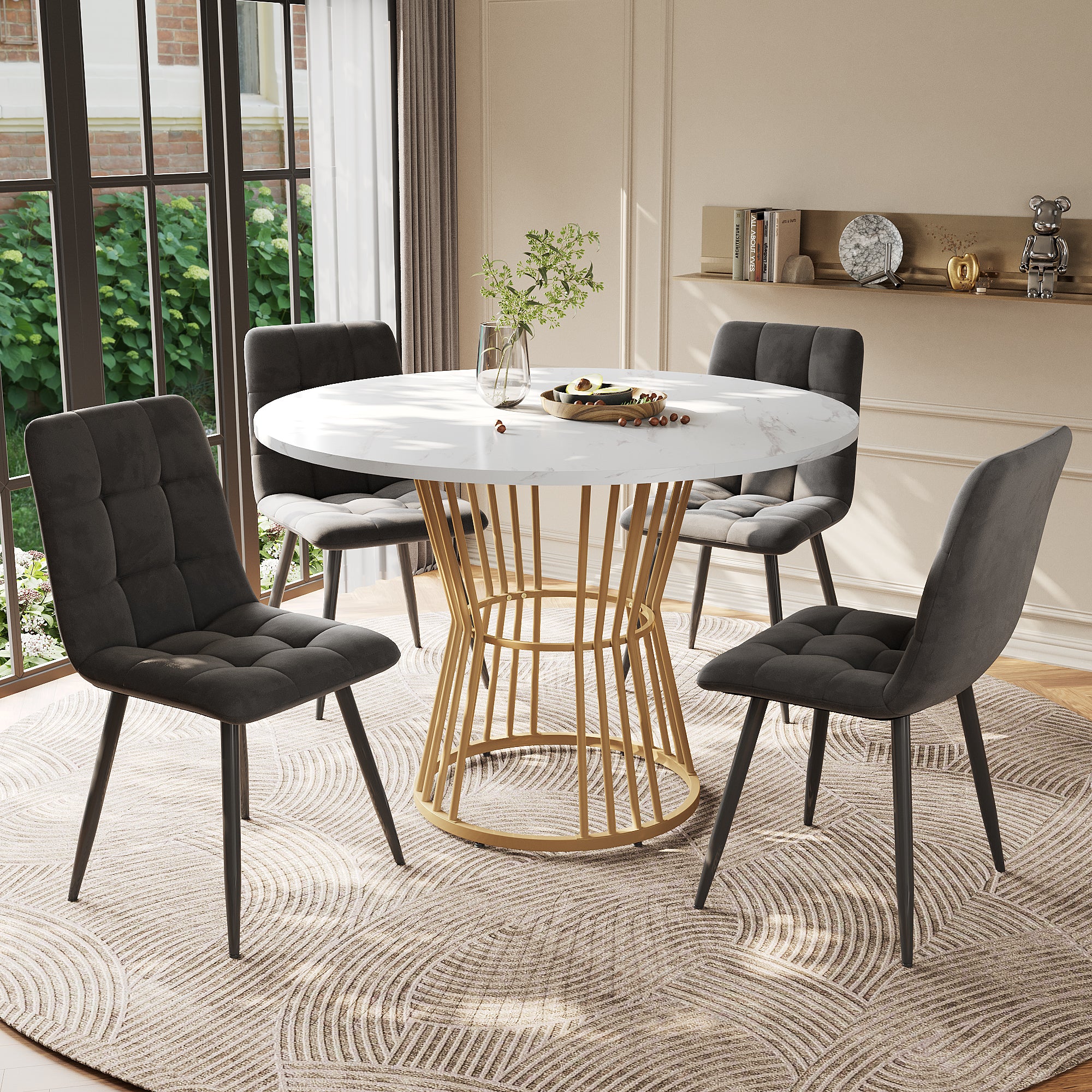 5-Piece Dining Set Round 100cm Gold Metal Legs White MDF Dark Grey Velvet - Image 2